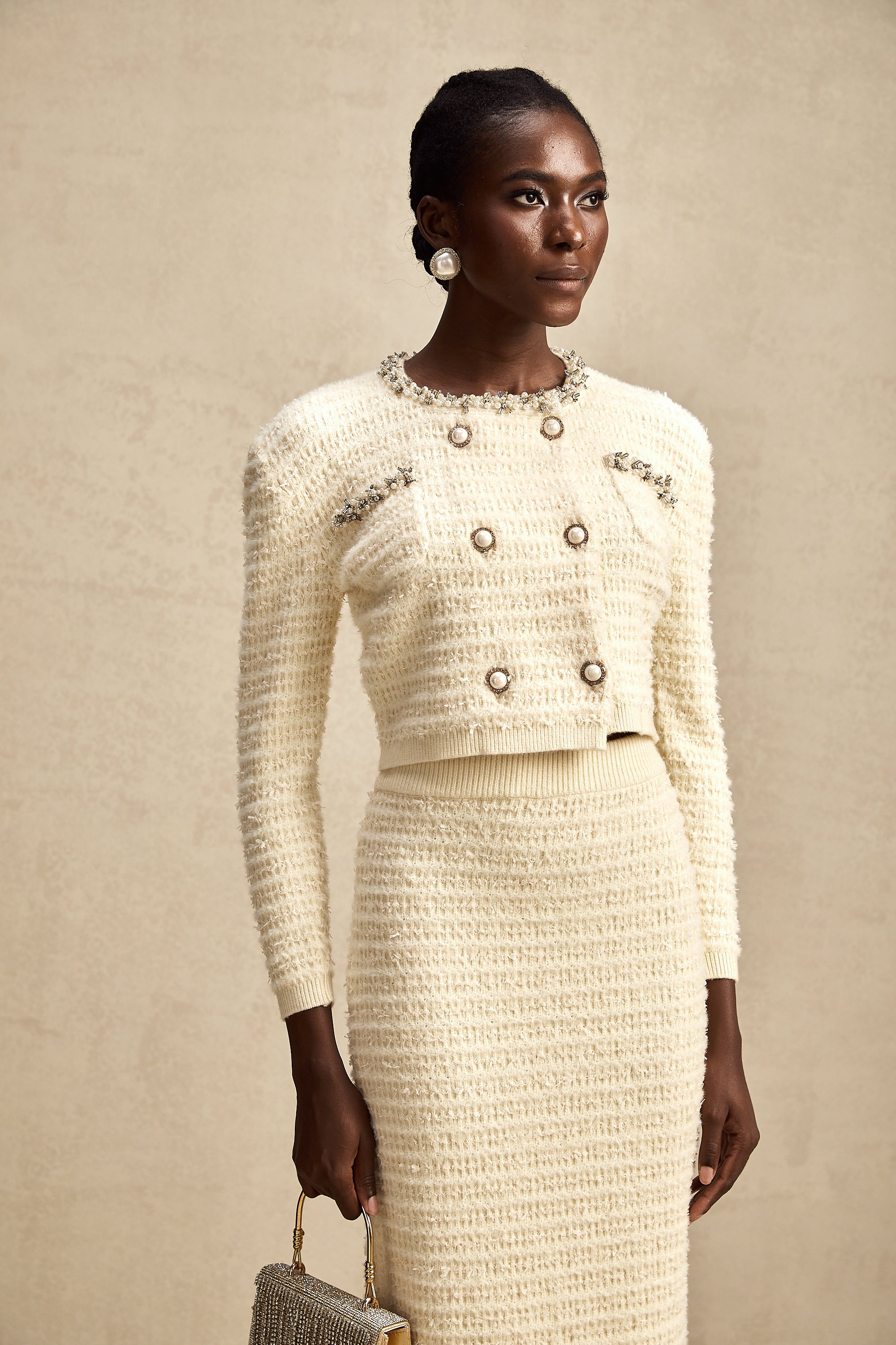 طقم تنورة وكارديجان محبوكان مزخرفان من مجموعة Justine