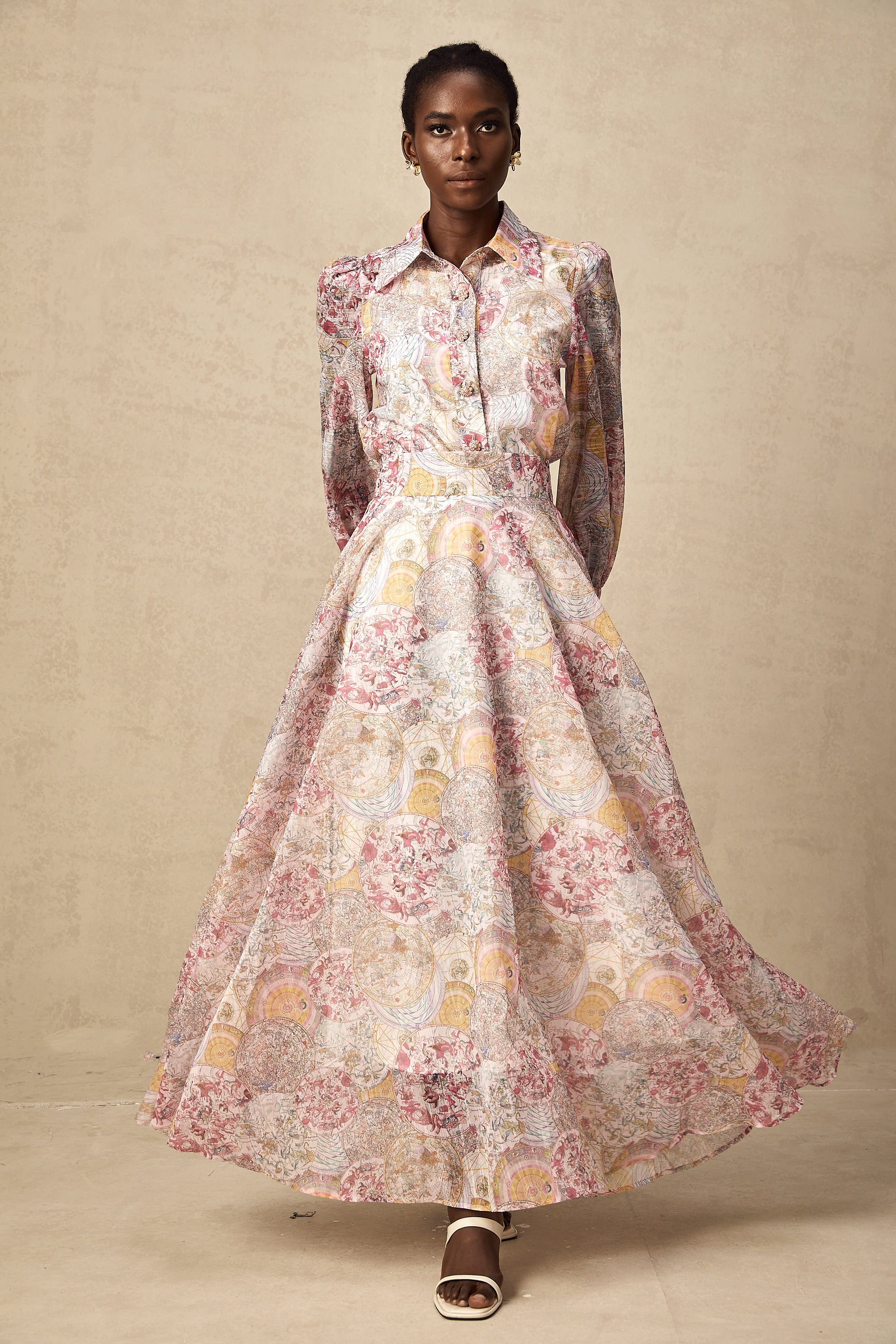 Cherry pink pattern-print shirt & skirt matching set(Final Sale)