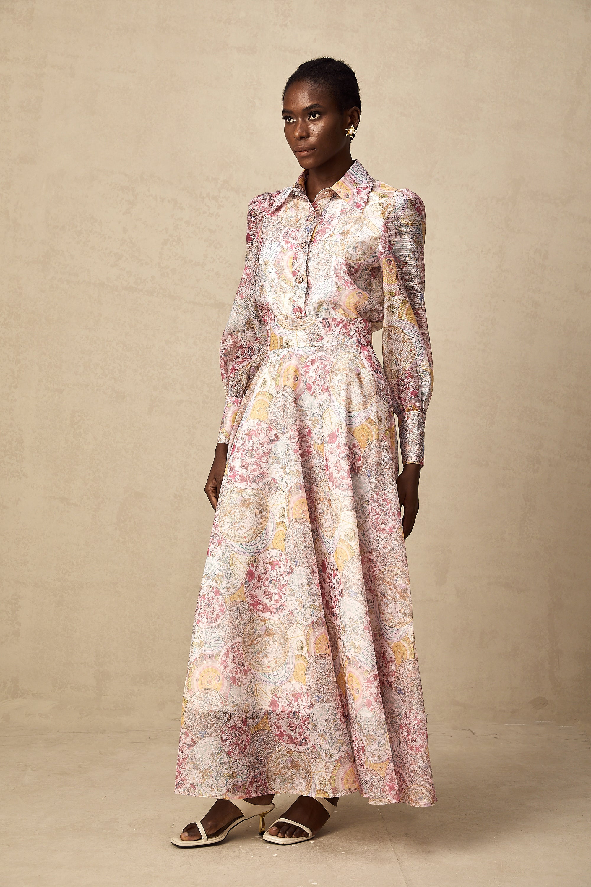 Cherry pink pattern-print shirt & skirt matching set(Final Sale)