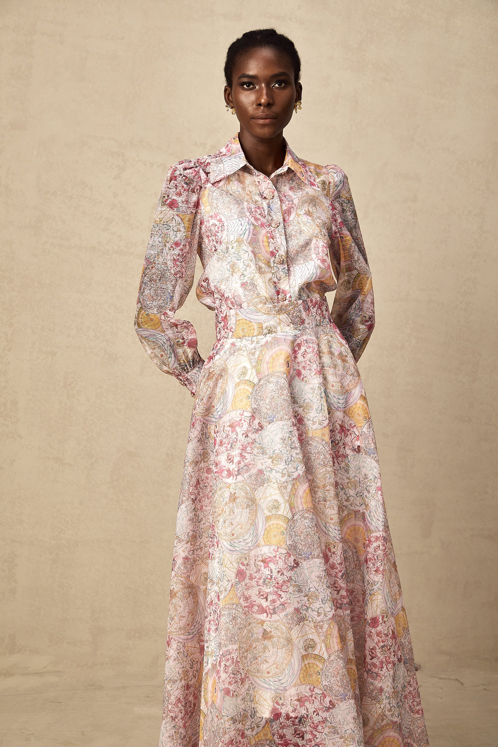 Cherry pink pattern-print shirt & skirt matching set(Final Sale)