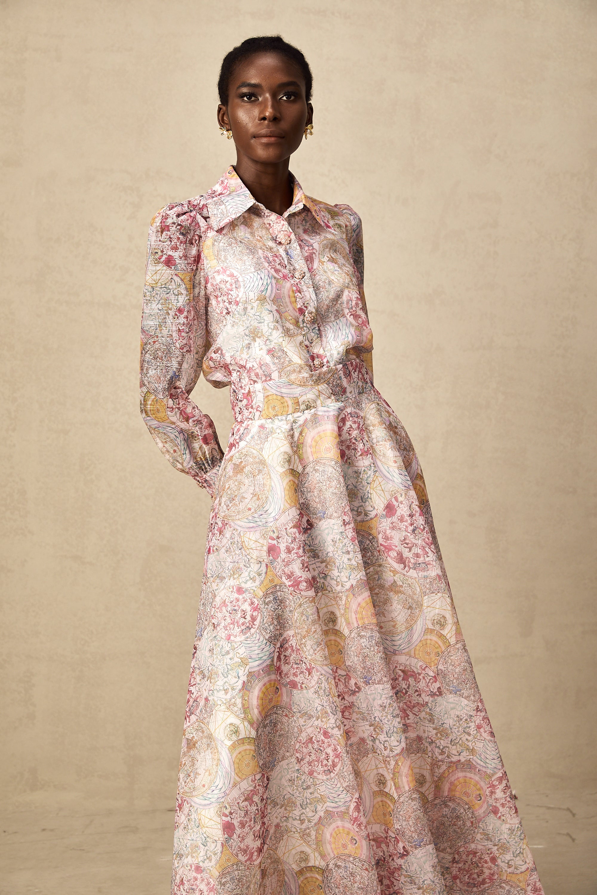 Cherry pink pattern-print shirt & skirt matching set(Final Sale)