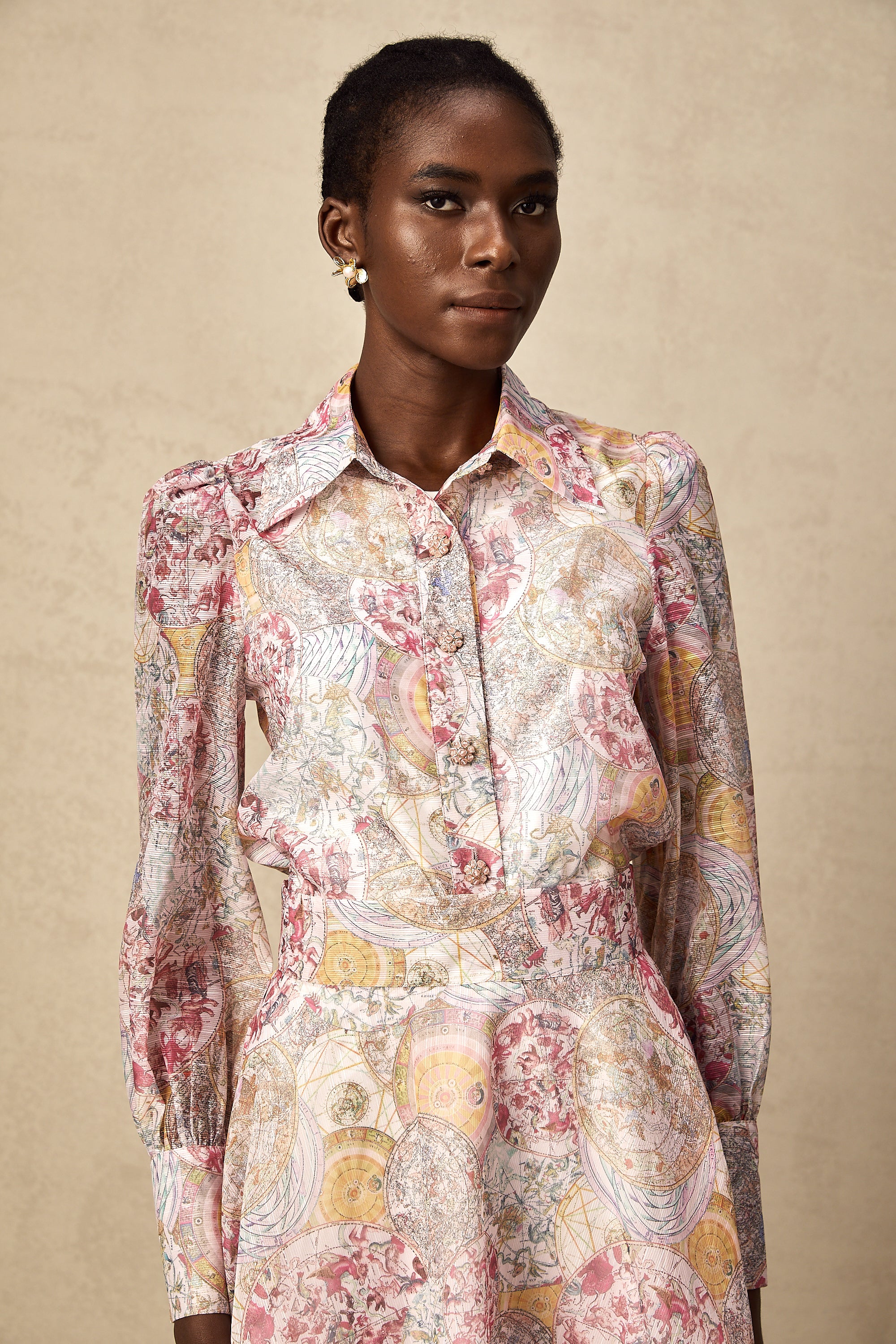 Cherry pink pattern-print shirt & skirt matching set(Final Sale)