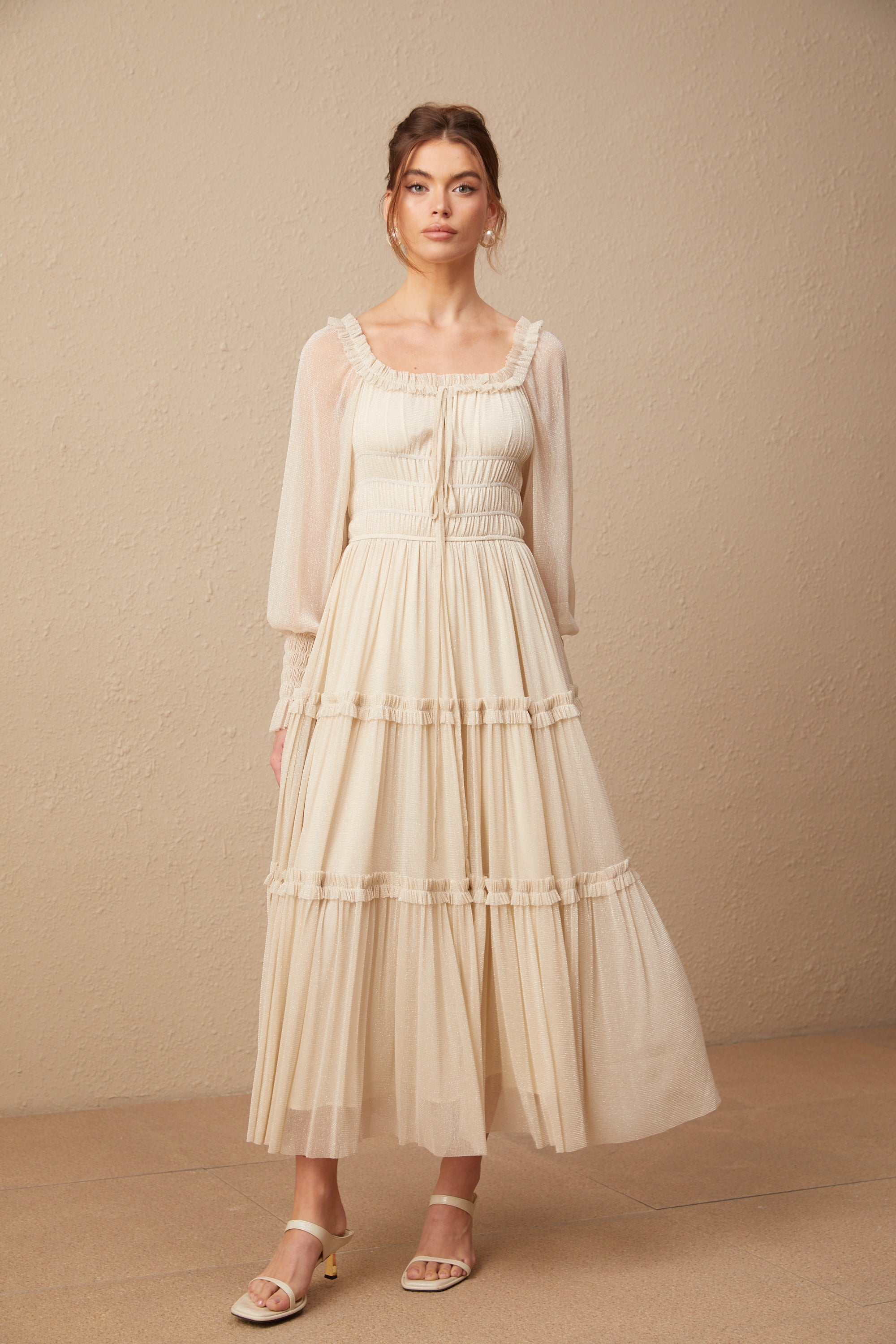 Camille pleated shirred metallic midi dress