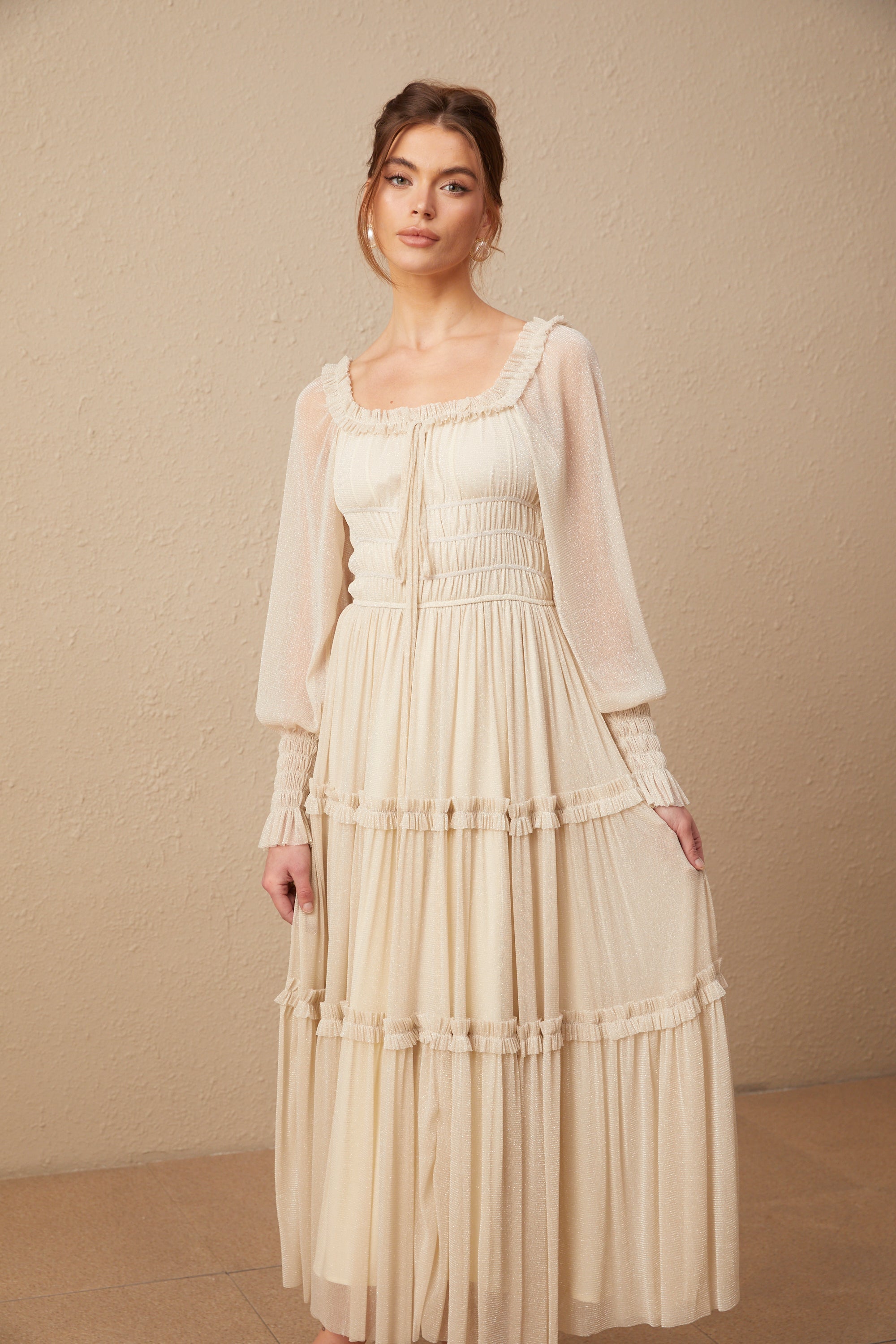 Camille pleated shirred metallic midi dress