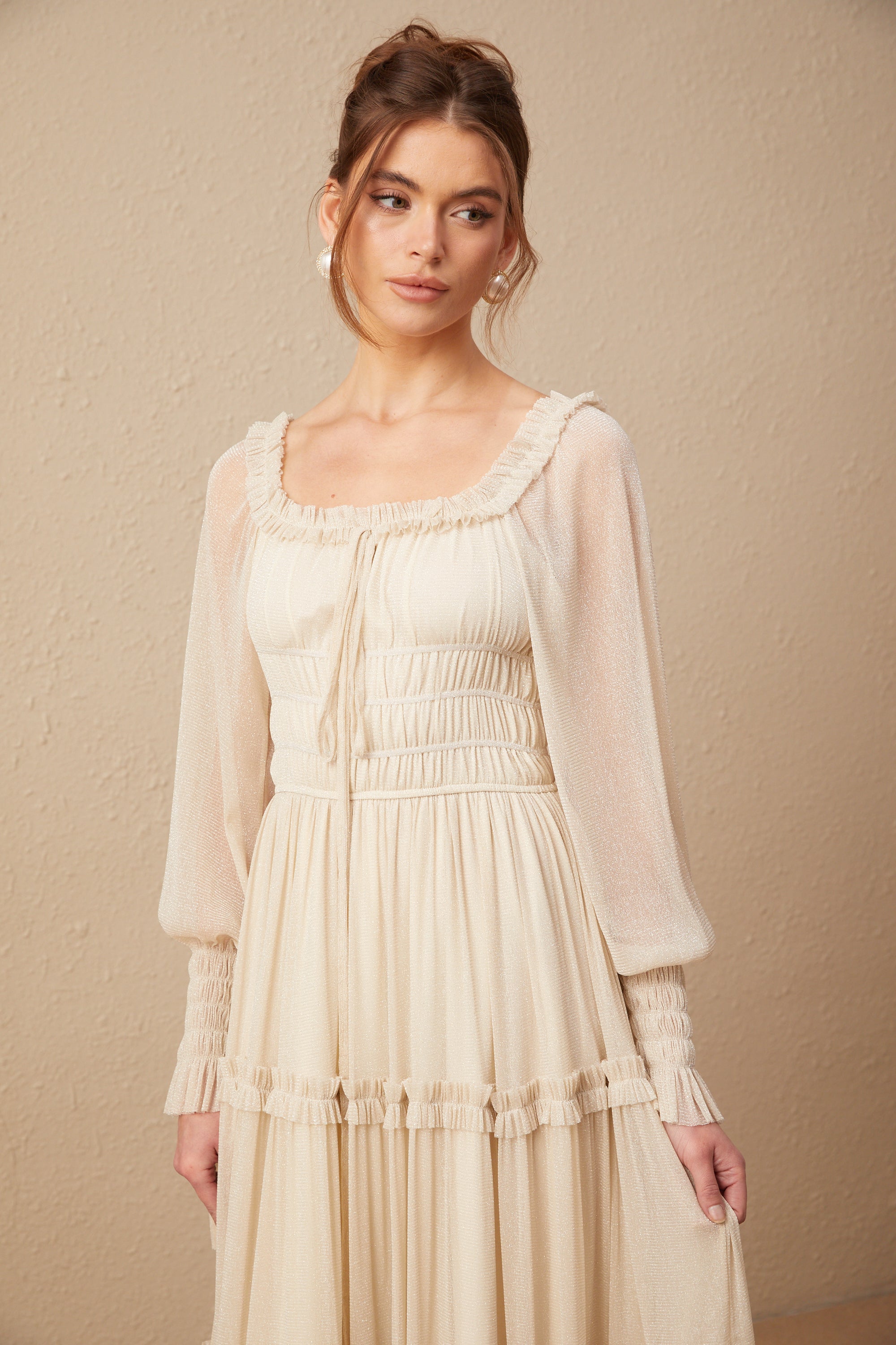 Camille pleated shirred metallic midi dress