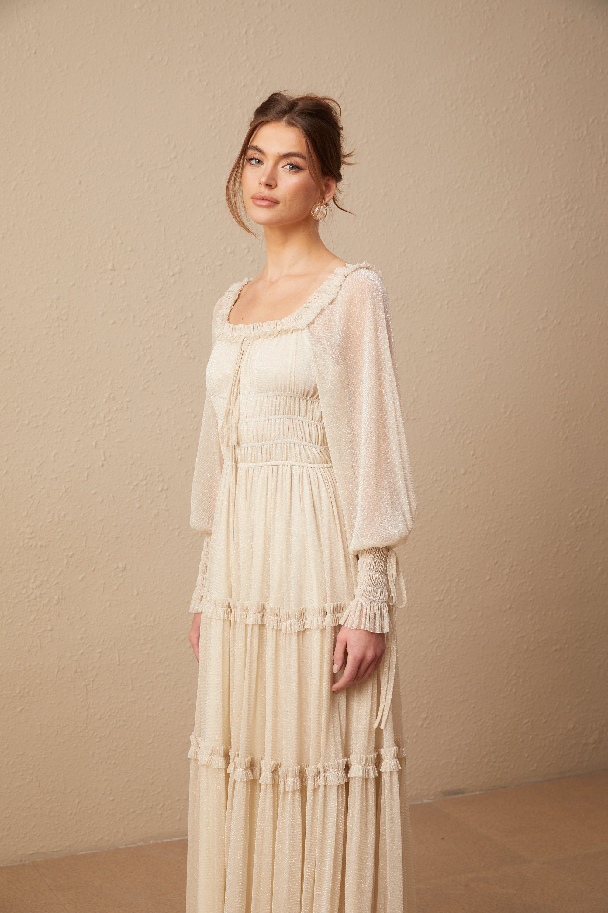 Camille pleated shirred metallic midi dress