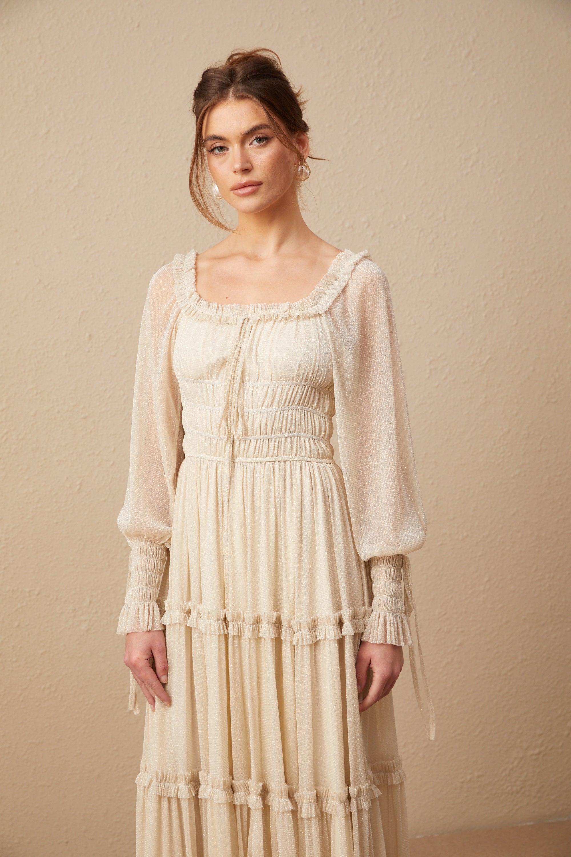 Camille pleated shirred metallic midi dress