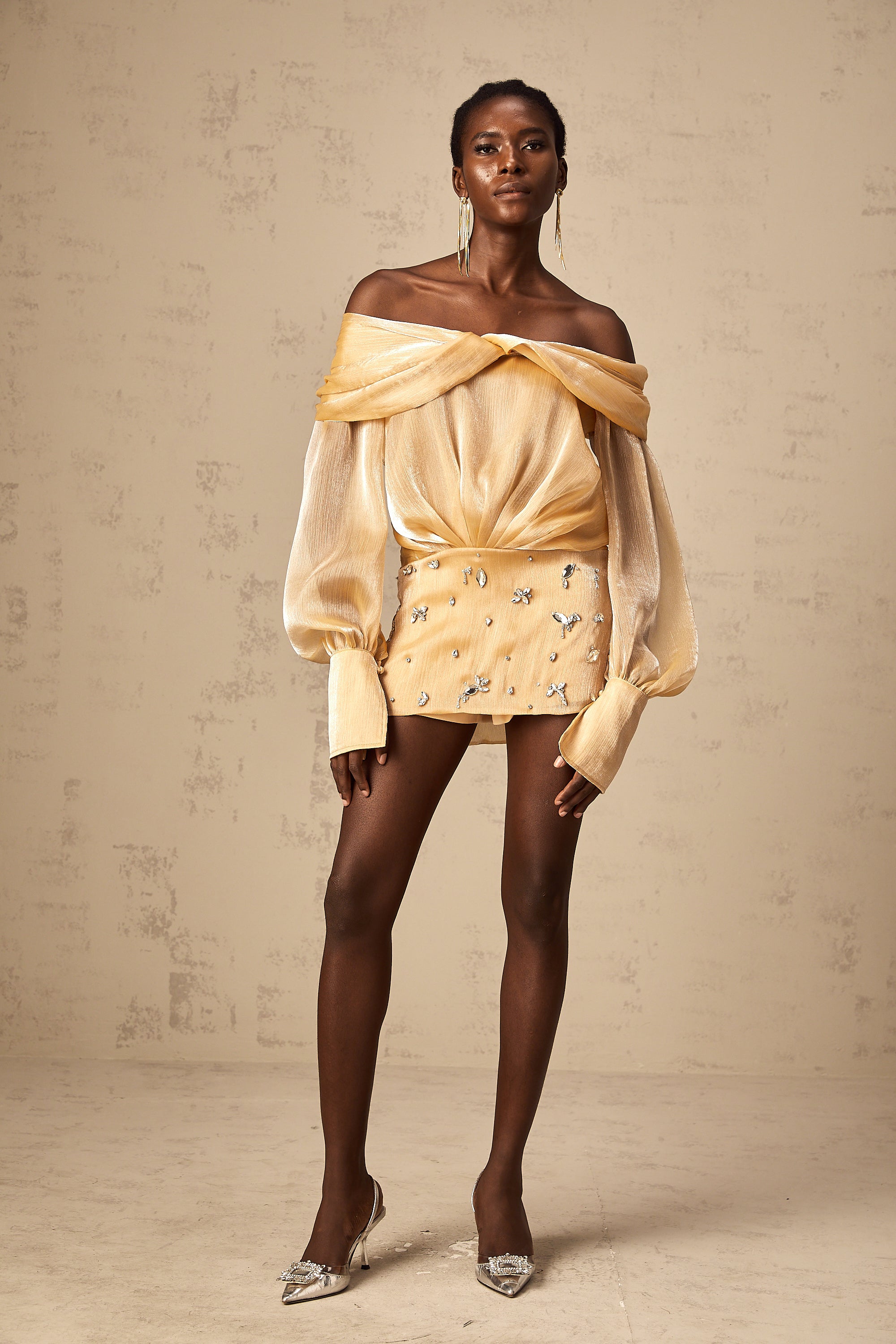 Adelina gold crystal-embellished panelled mini dress