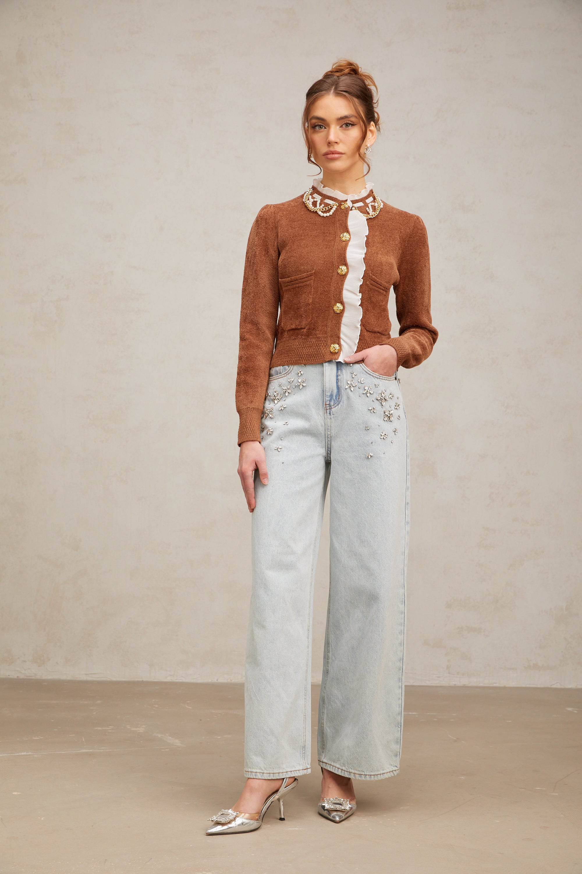 كارديجان محبوك مزين بكشكشة من Elisabetta باللون البني