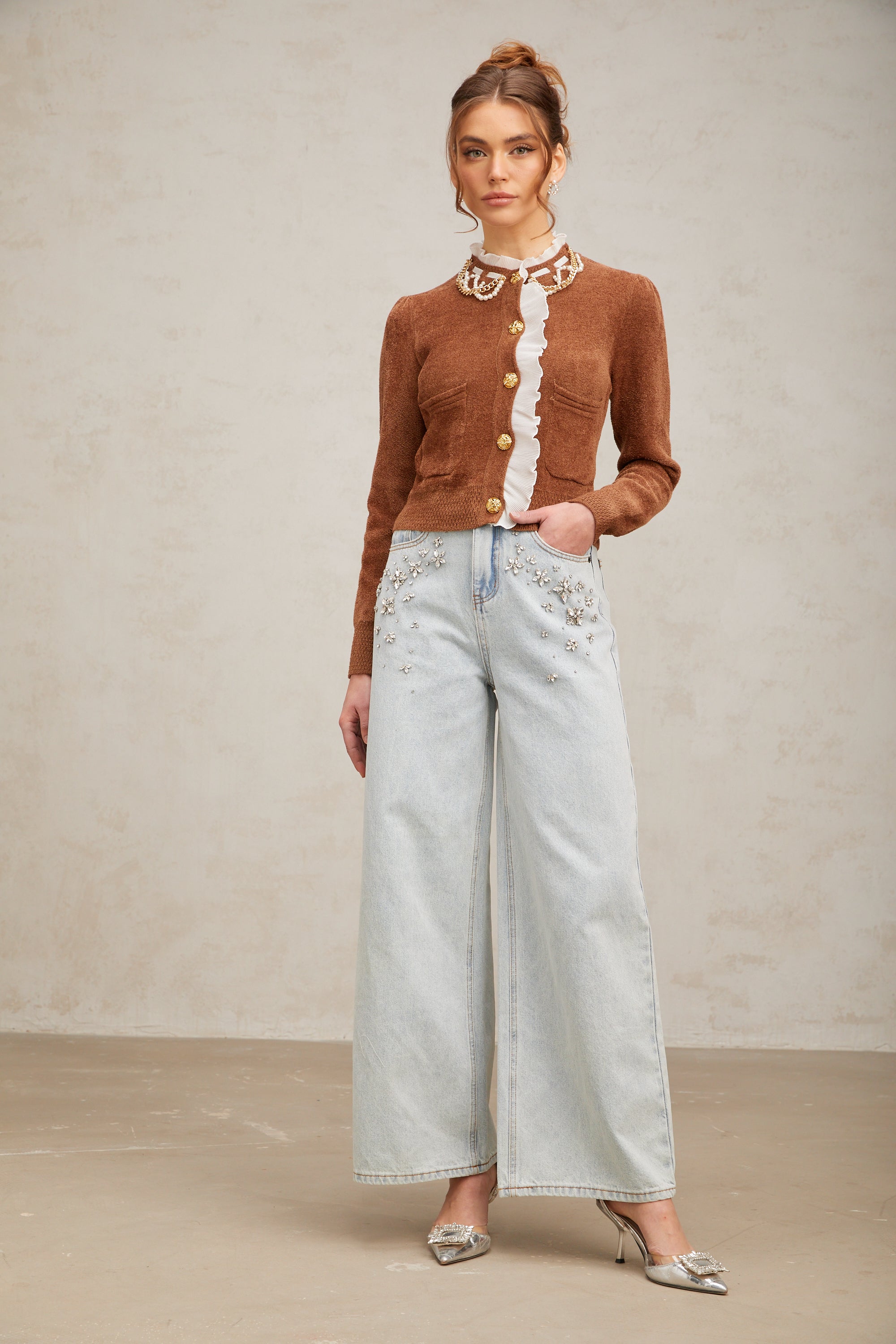 كارديجان محبوك مزين بكشكشة من Elisabetta باللون البني