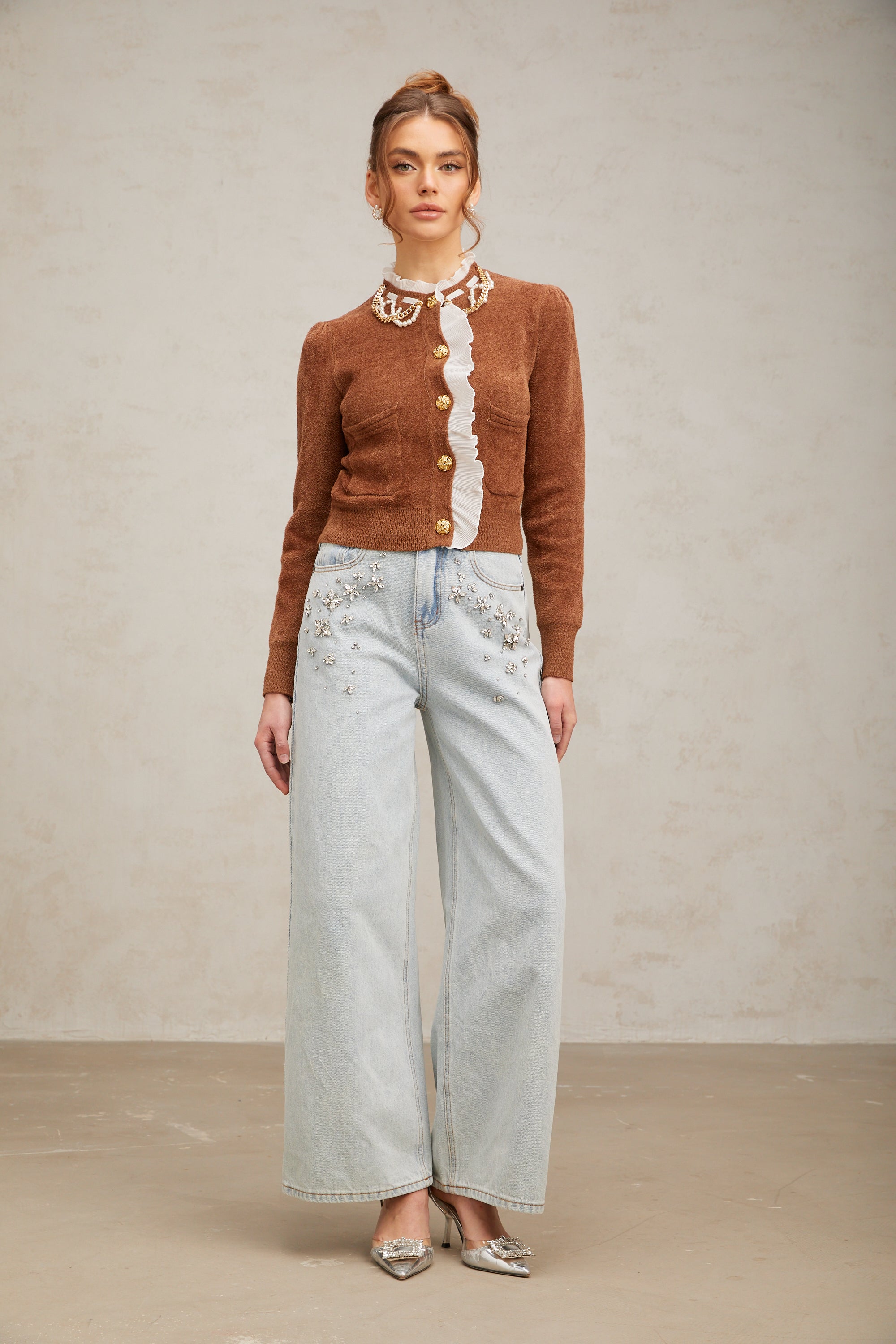 كارديجان محبوك مزين بكشكشة من Elisabetta باللون البني