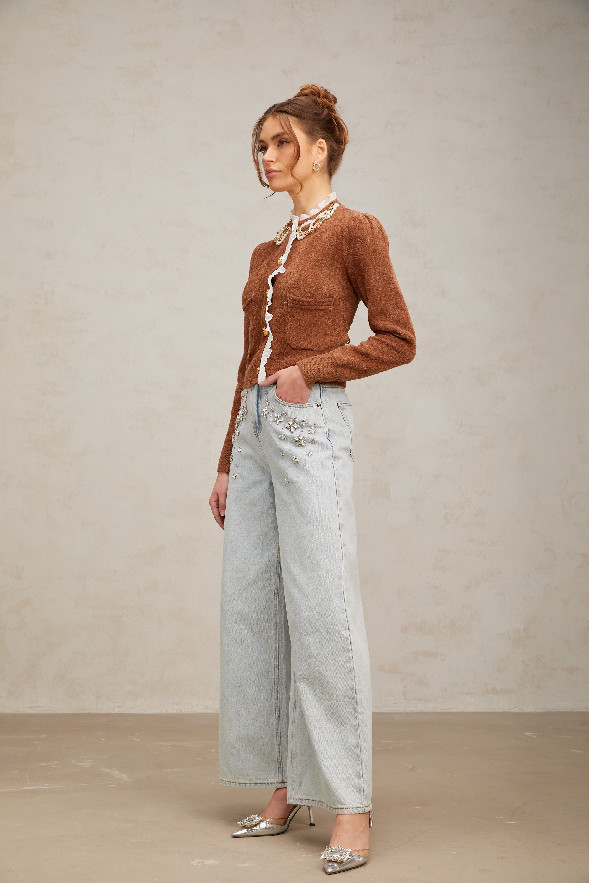 كارديجان محبوك مزين بكشكشة من Elisabetta باللون البني