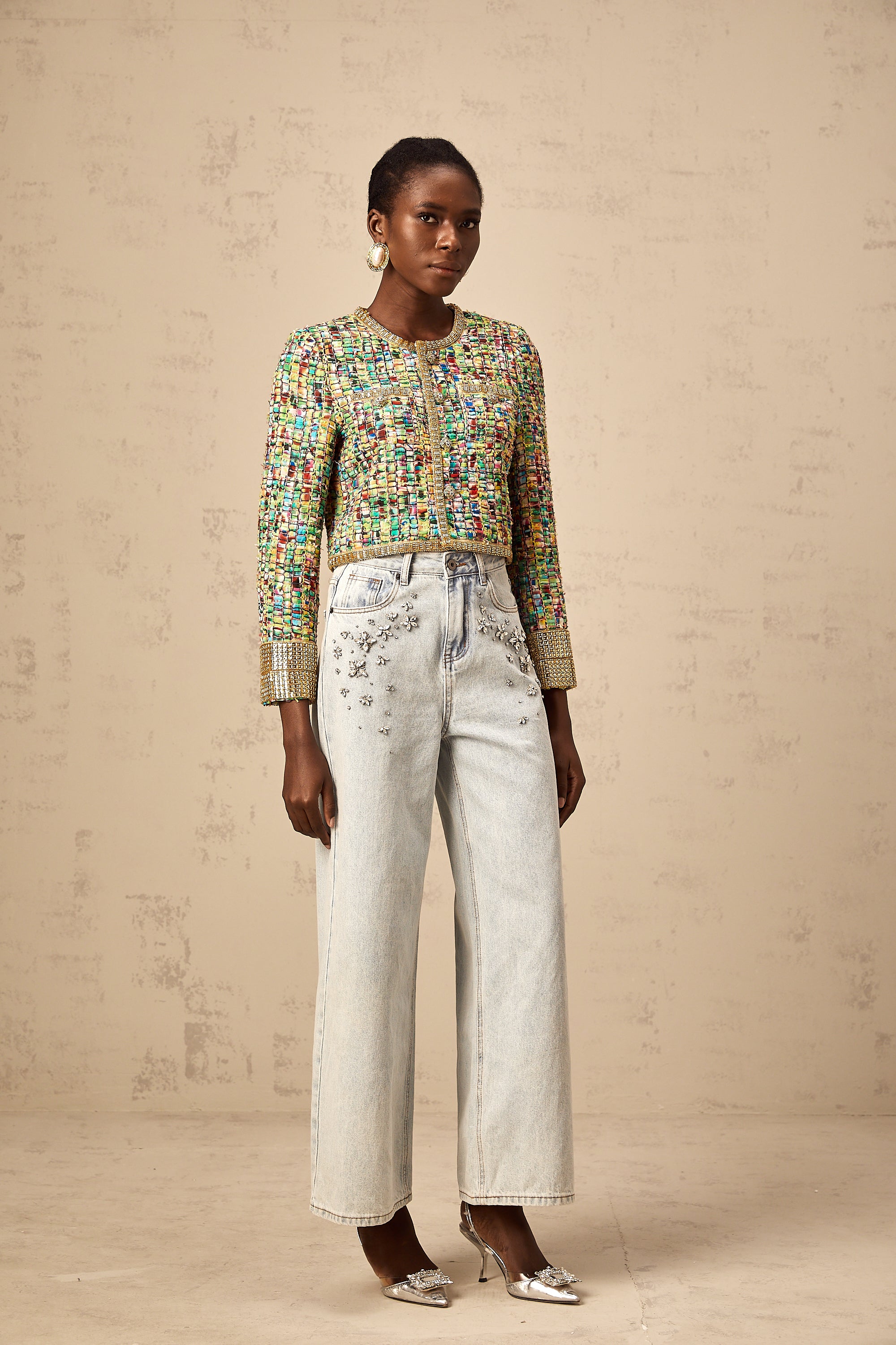 Octavie gold-tone sequined checked tweed jacket