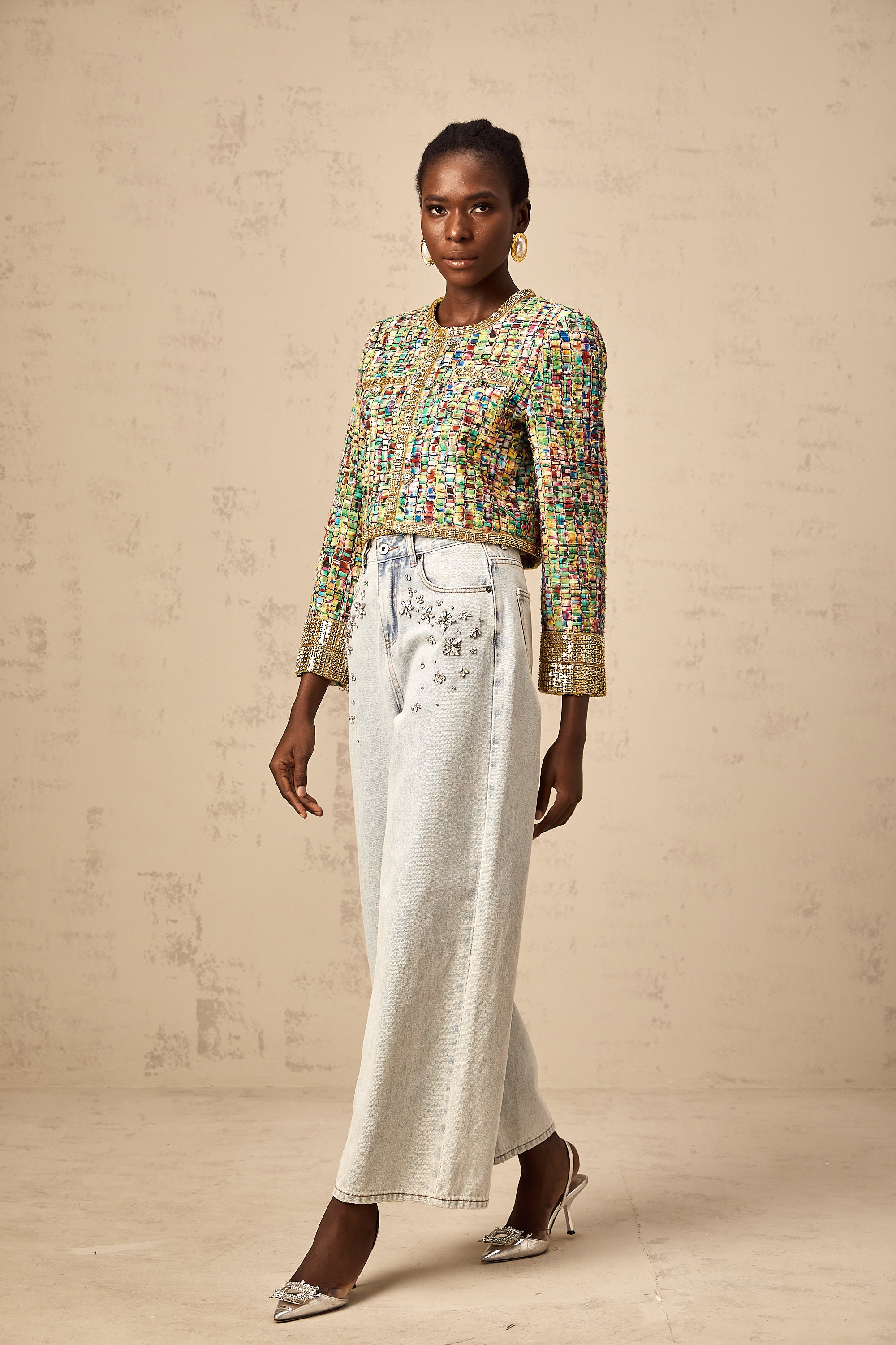 Octavie gold-tone sequined checked tweed jacket