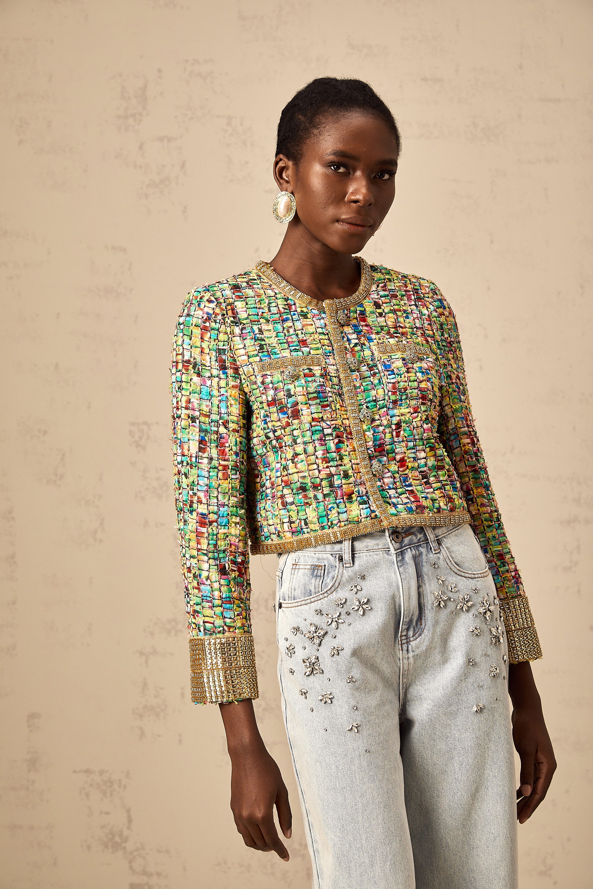 Octavie gold-tone sequined checked tweed jacket