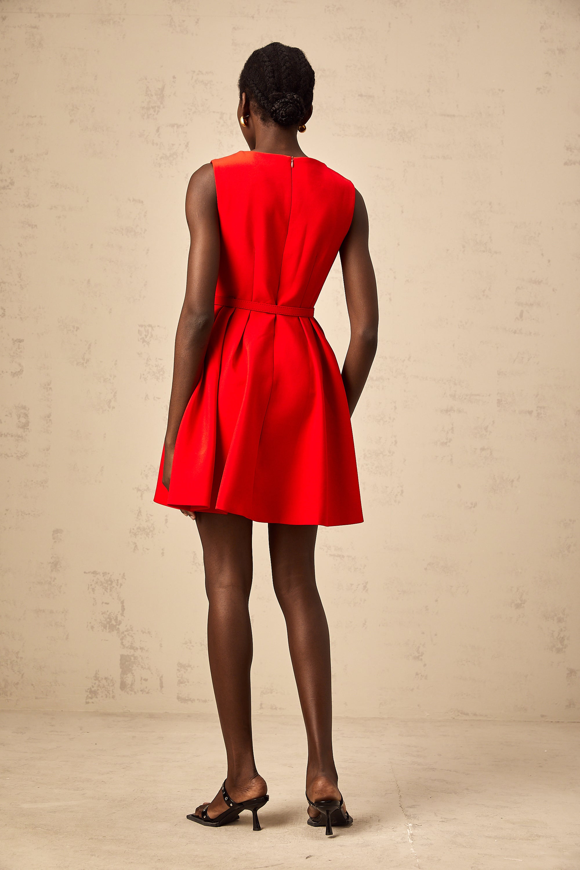 Quiana red split-neck cinched-waist mini dress