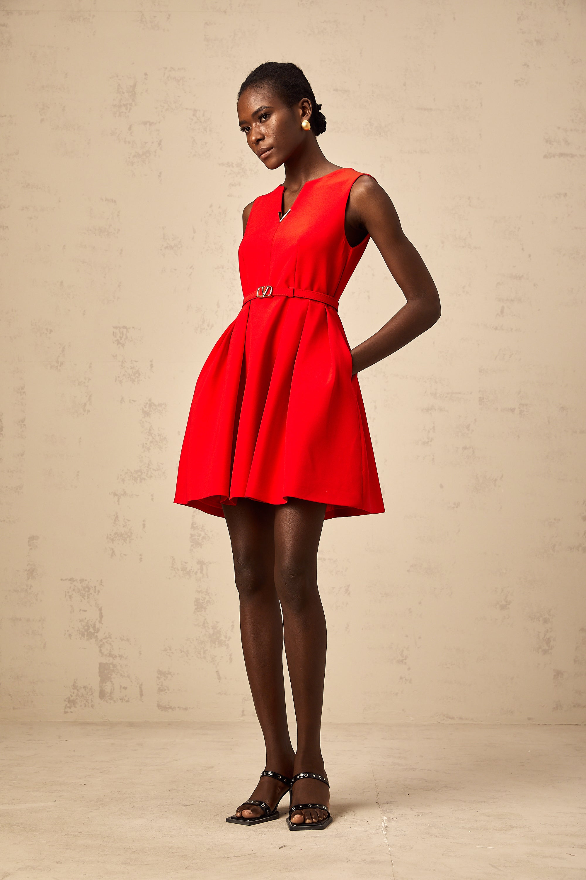 Quiana red split-neck cinched-waist mini dress