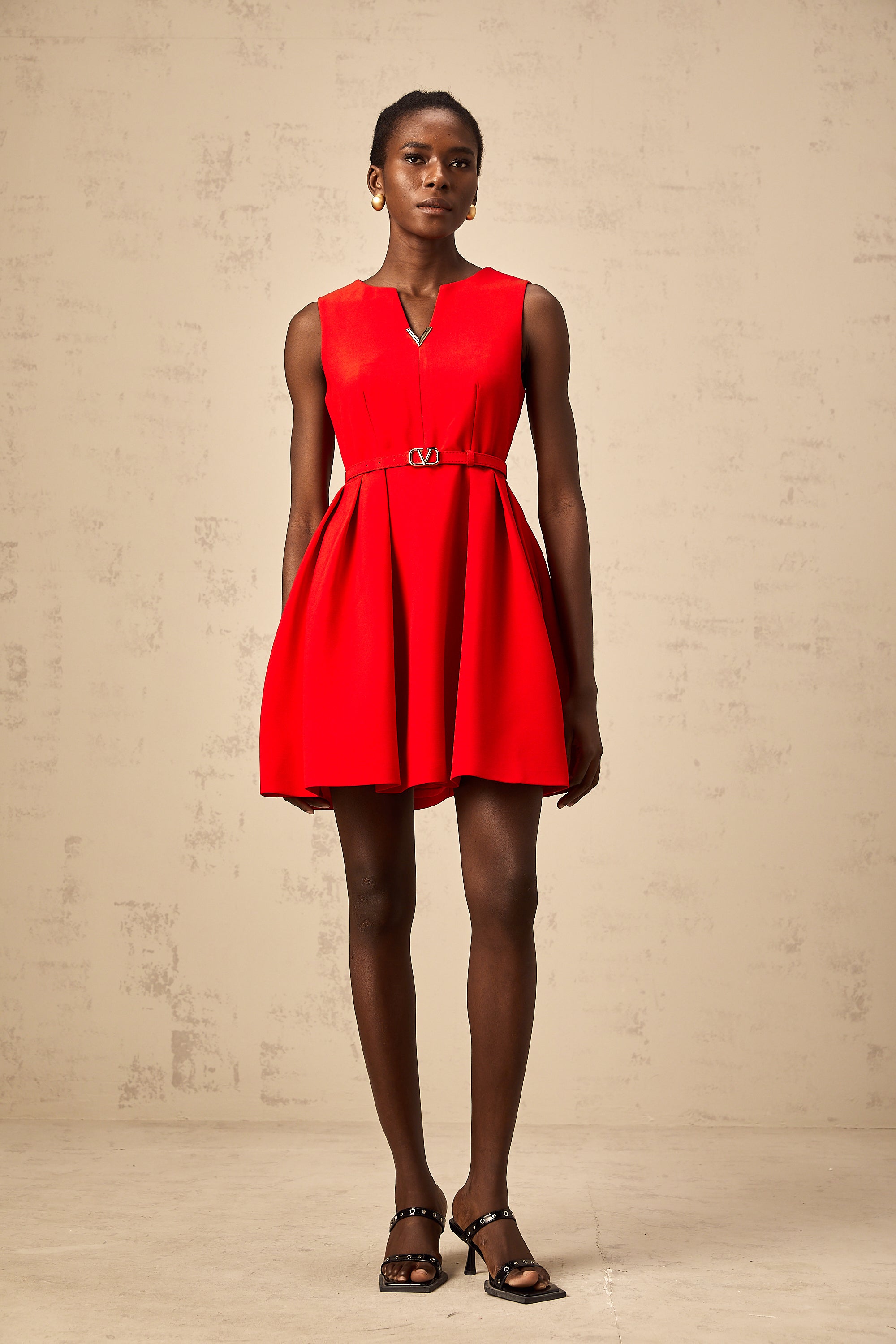 Quiana red split-neck cinched-waist mini dress