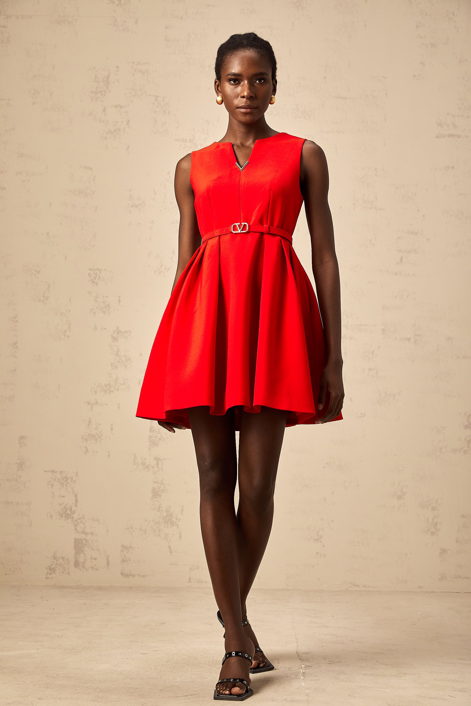 Quiana red split-neck cinched-waist mini dress