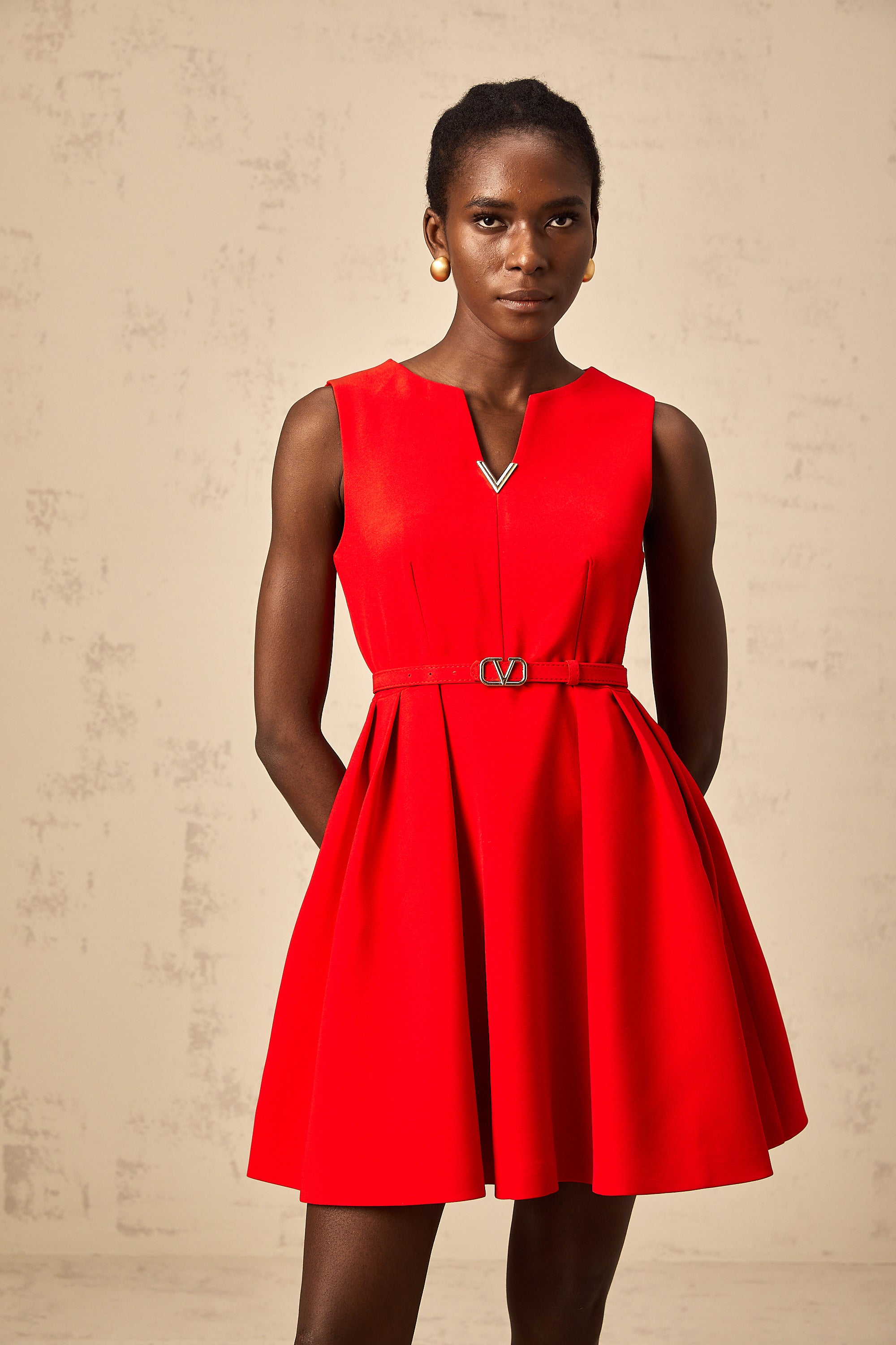 Quiana red split-neck cinched-waist mini dress