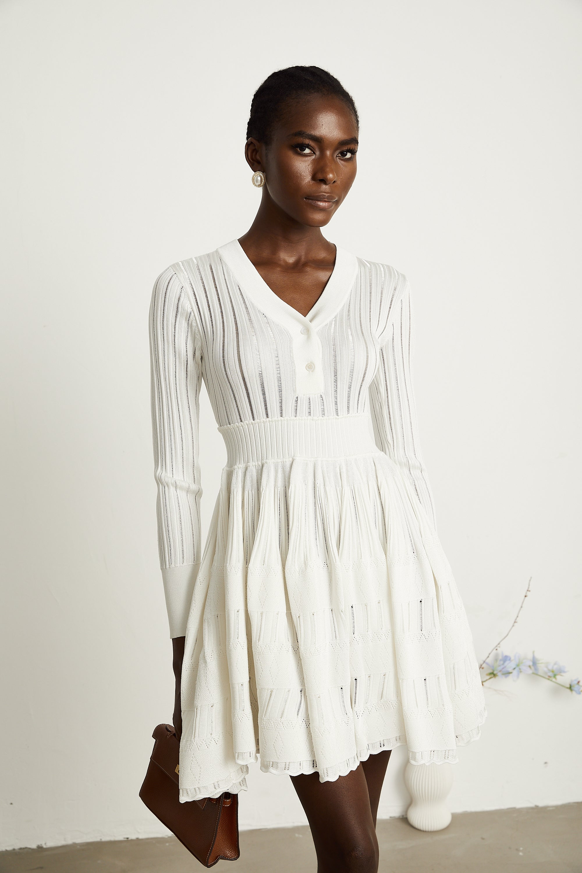 Géraldine white pointelle-knit midi dress
