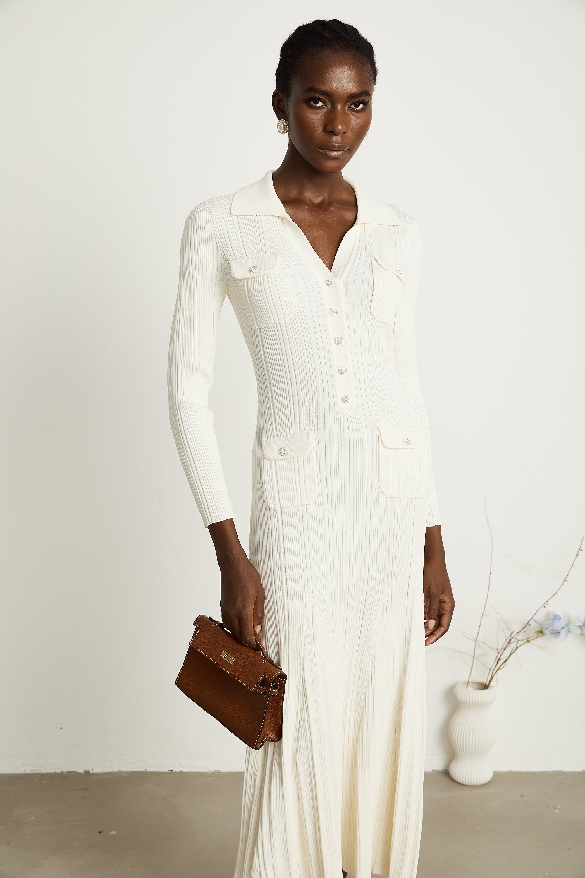 Nouria white mermaid-hem knit midi dress