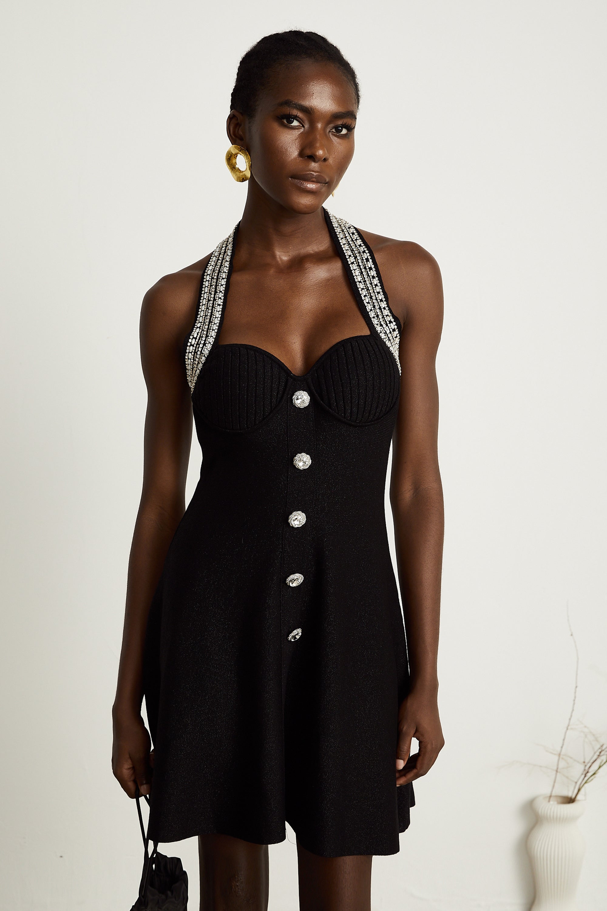 Schwarzes, verziertes Strick-Minikleid „Éléonore“