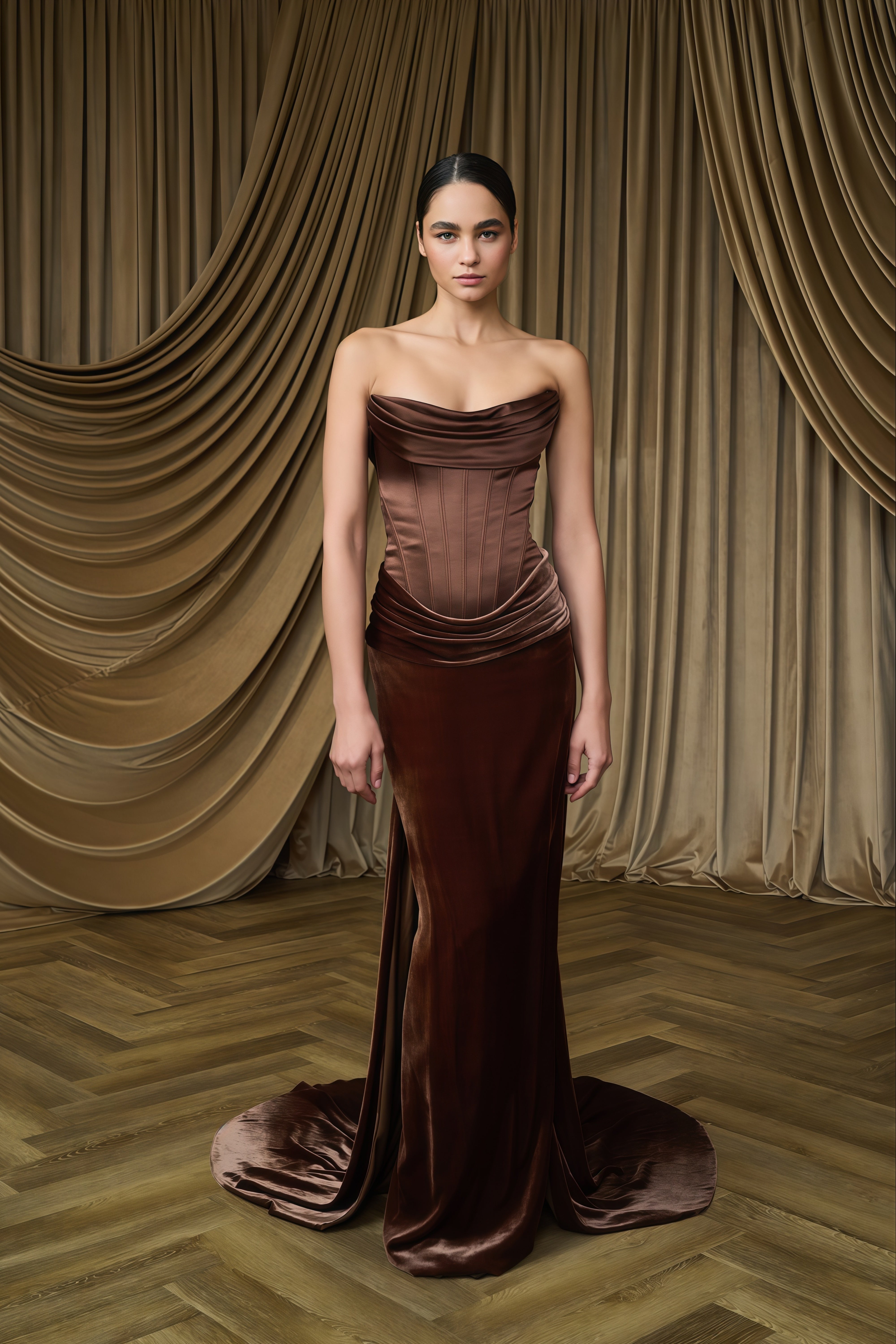 Zoé Brown Strapless Velvet Corset Maxi Gown
