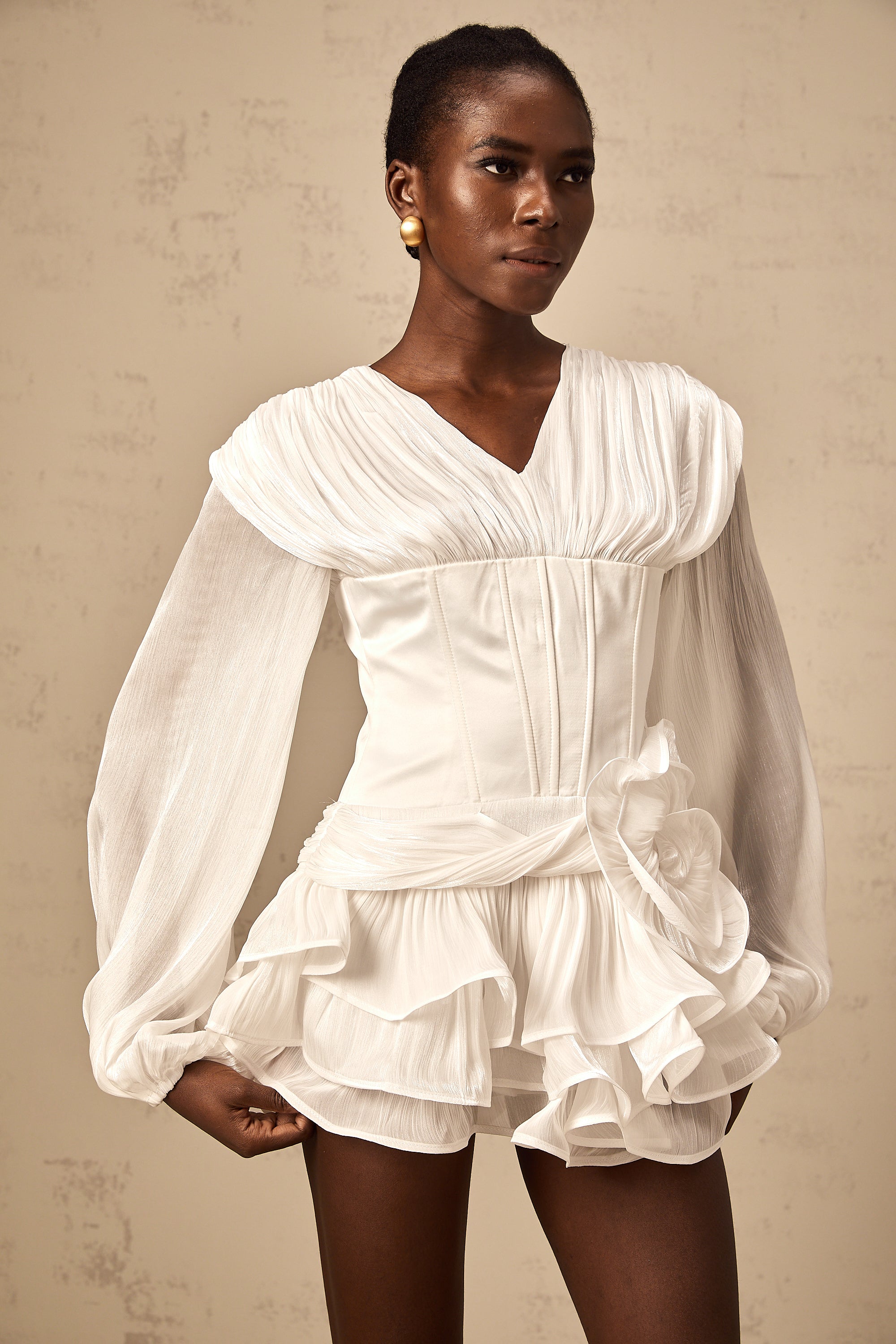 Rosier fully-pleated cinched mini dress in White