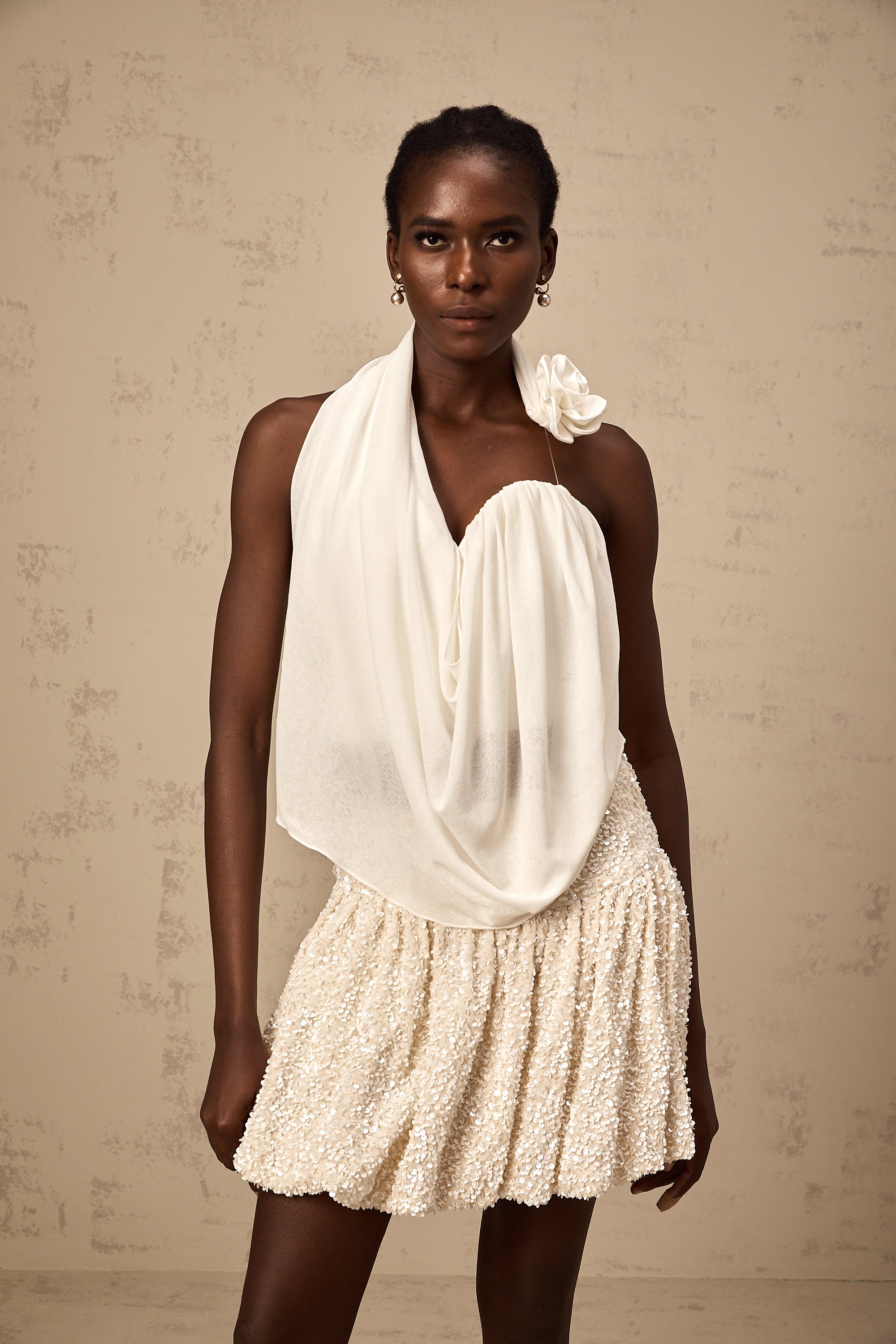 Maeva white halterneck floral-appliqué top