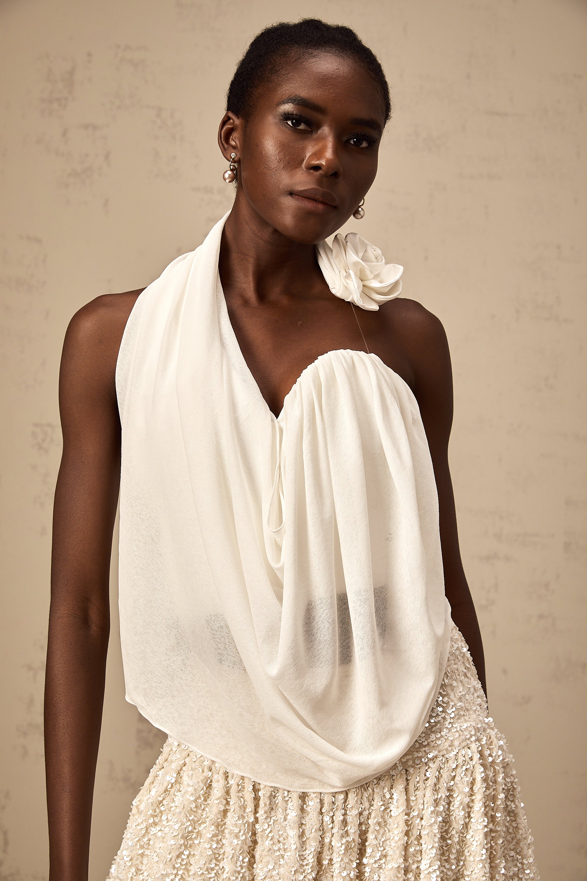 Maeva white halterneck floral-appliqué top