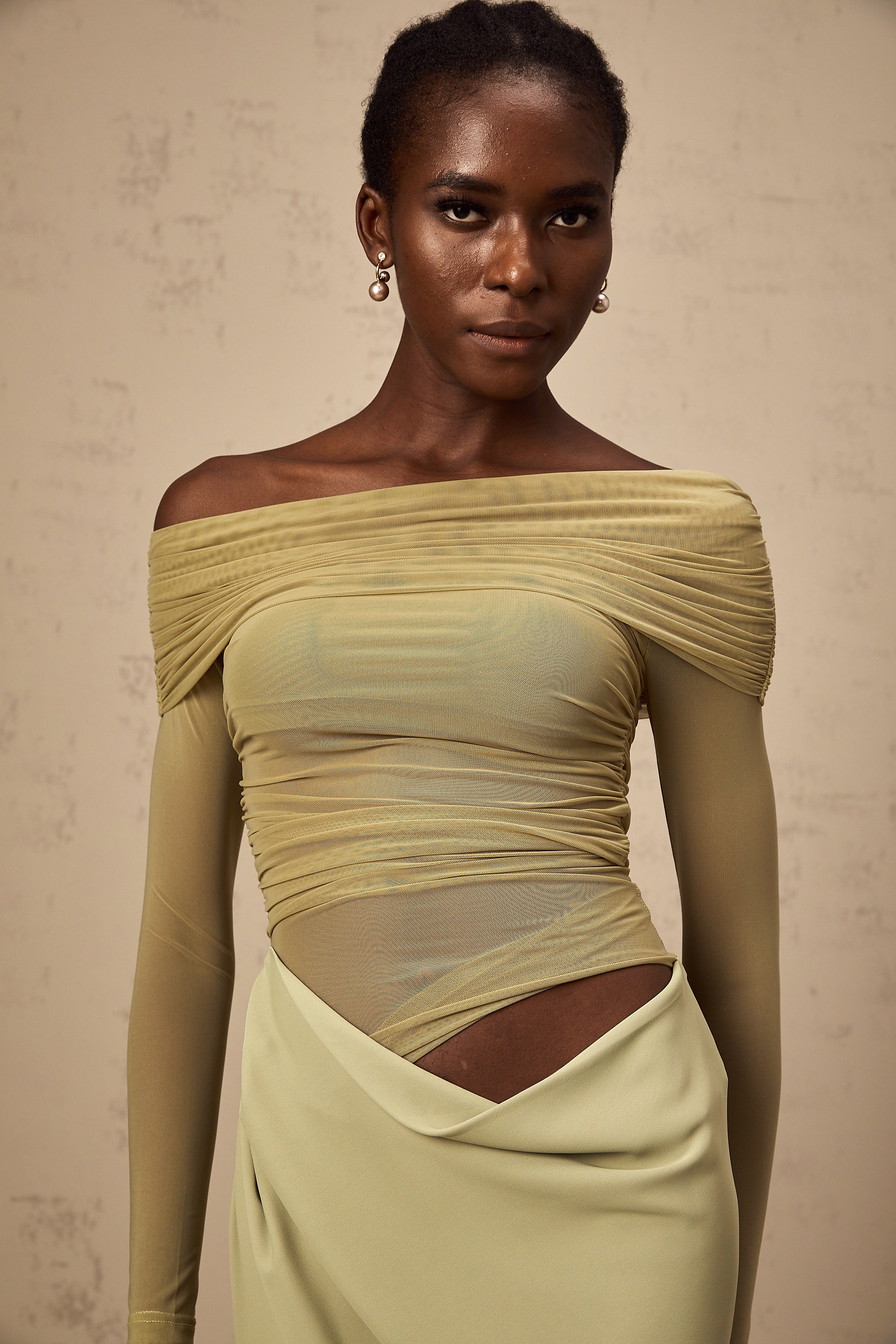 Estelle off-shoulder semi-sheer midi dress in Green