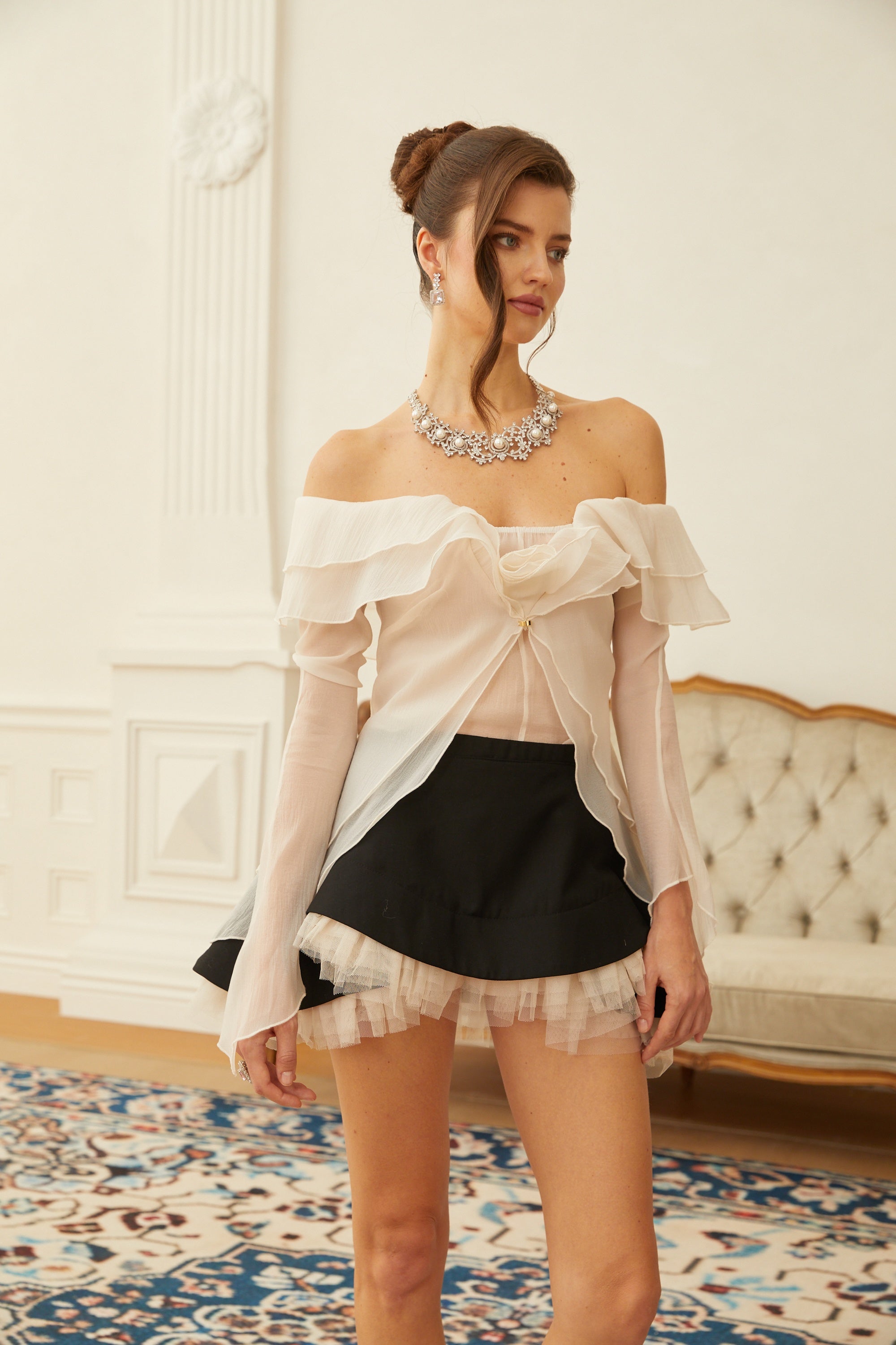 Ariane Color Block Layered Ruffled Blouse & Skirt Set