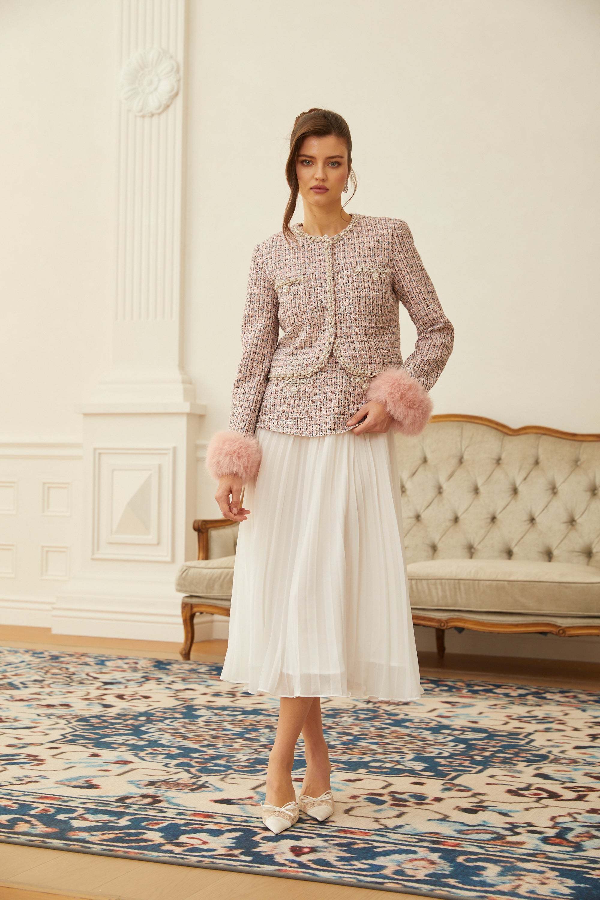 Lola Pink Verzierte Tweedjacke mit Karomuster