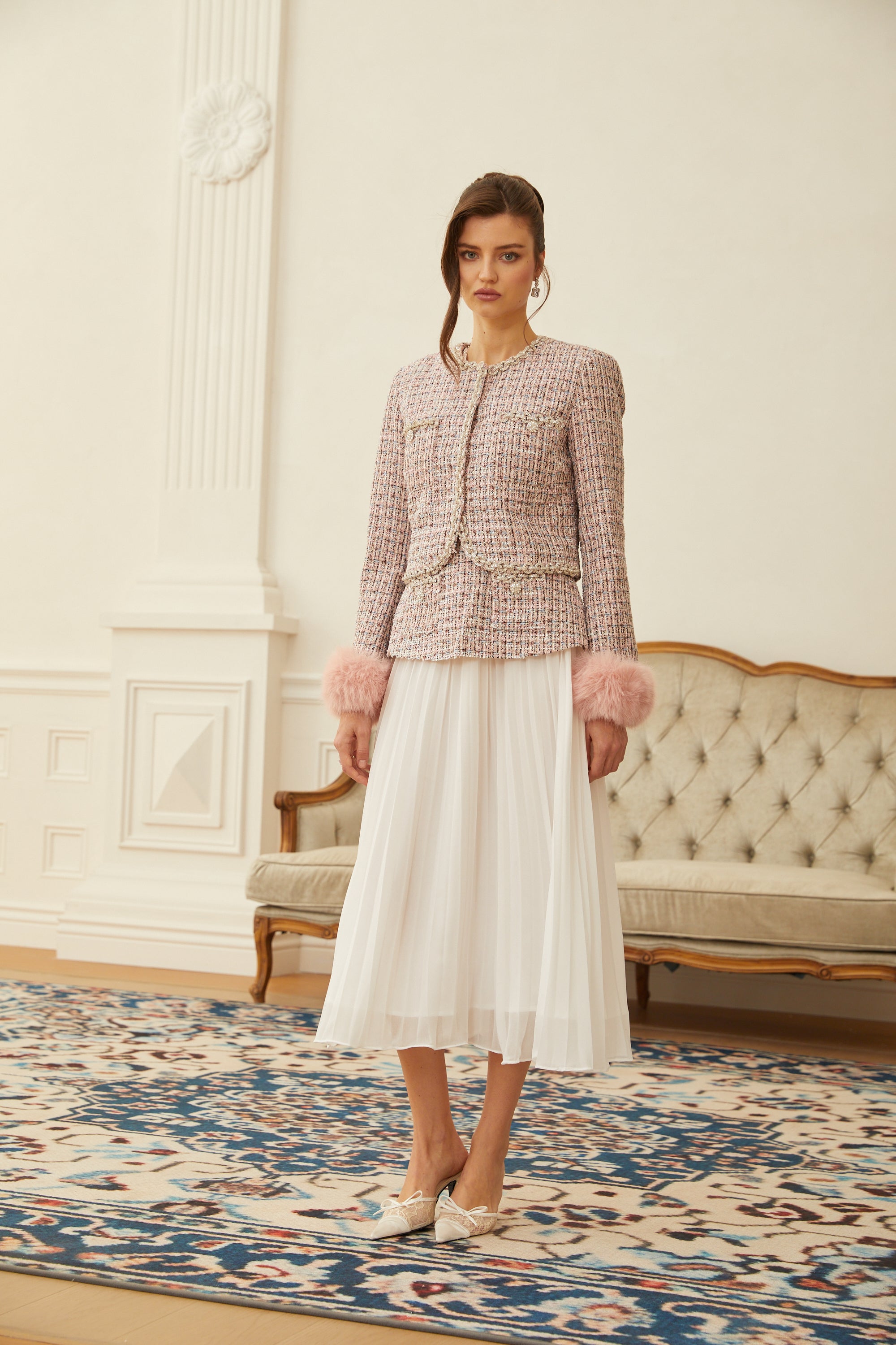 Lola Pink Verzierte Tweedjacke mit Karomuster