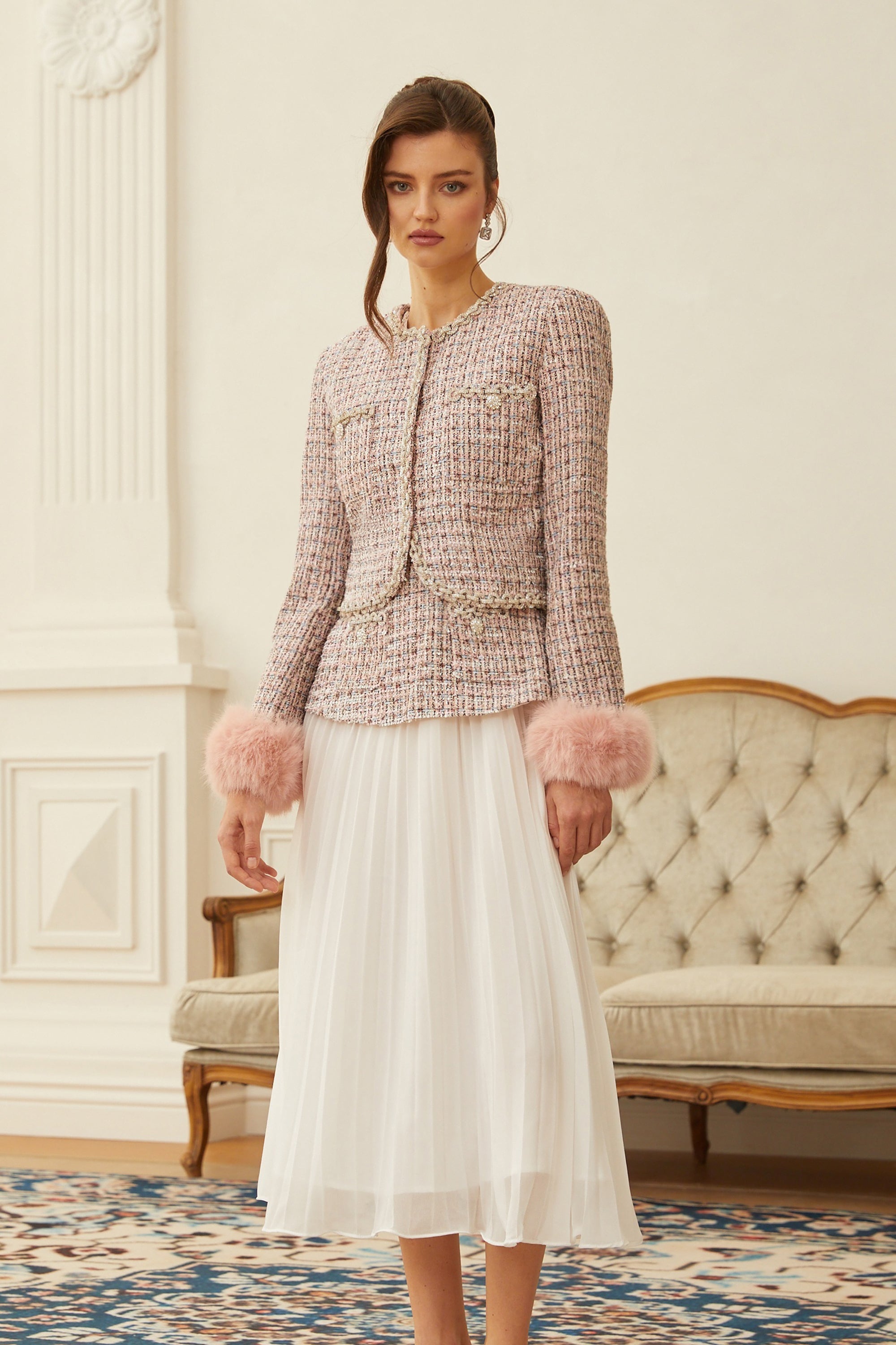 Lola Pink Verzierte Tweedjacke mit Karomuster