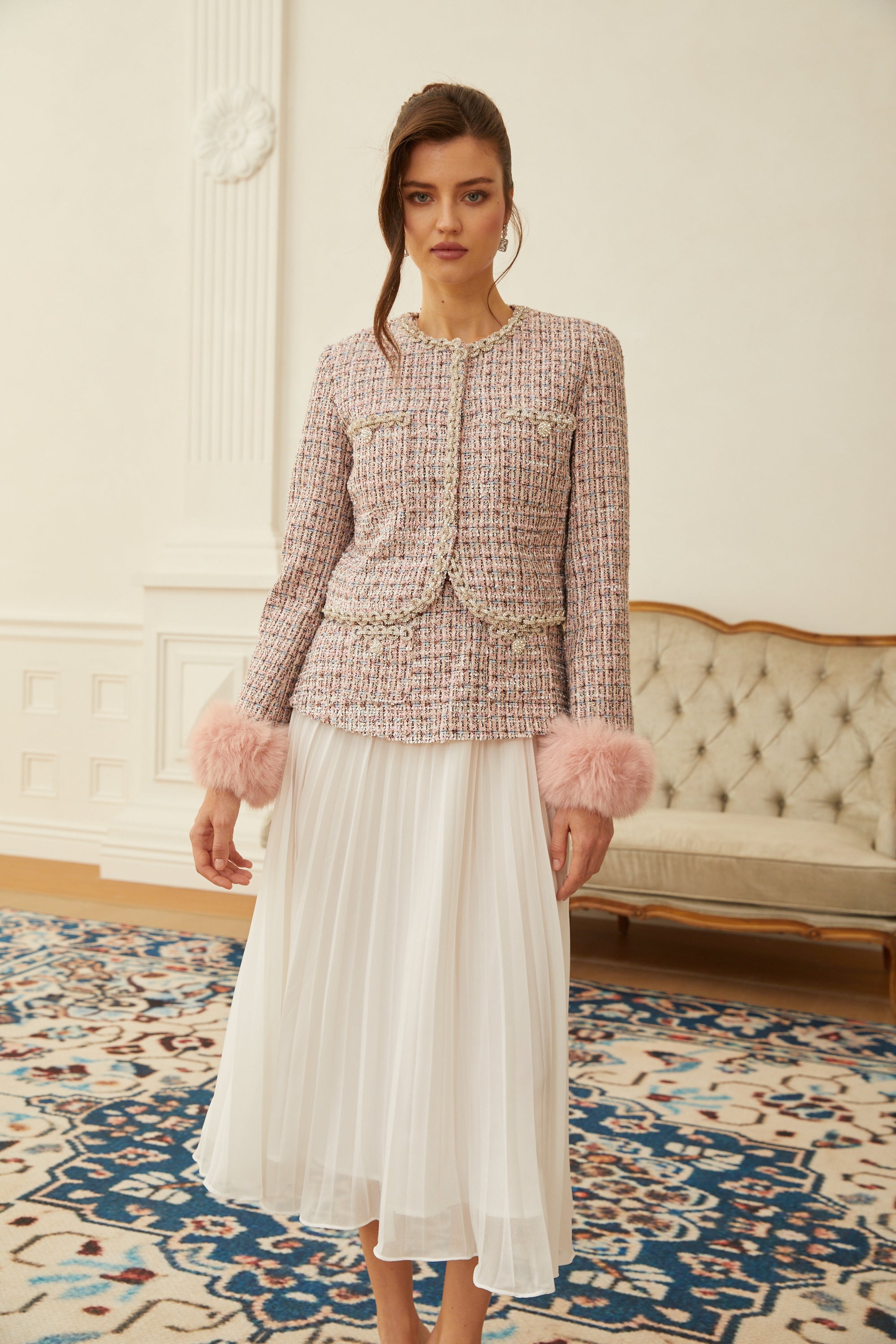 Lola Pink Verzierte Tweedjacke mit Karomuster