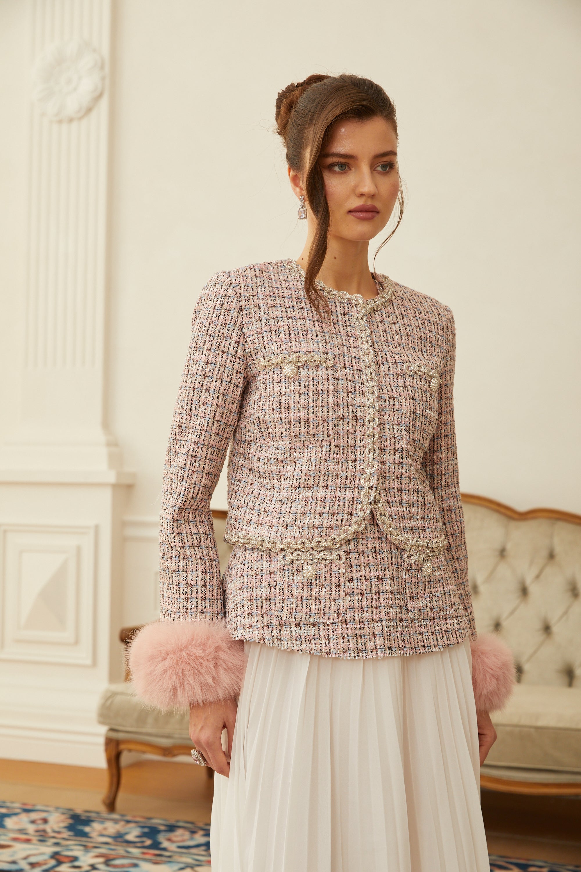 Lola Pink Verzierte Tweedjacke mit Karomuster
