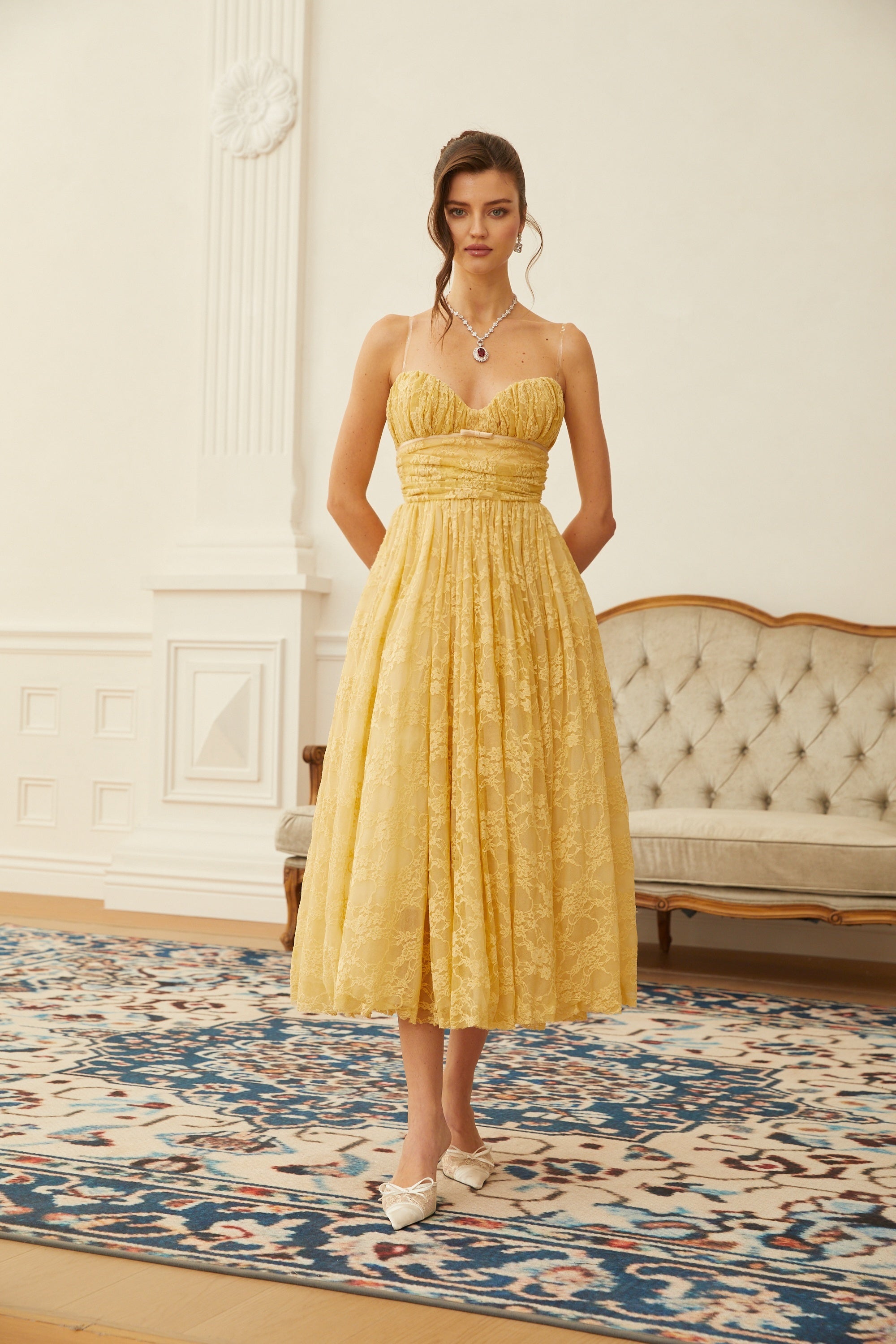 Jade Gold Floral Lace Tulle Midi Dress