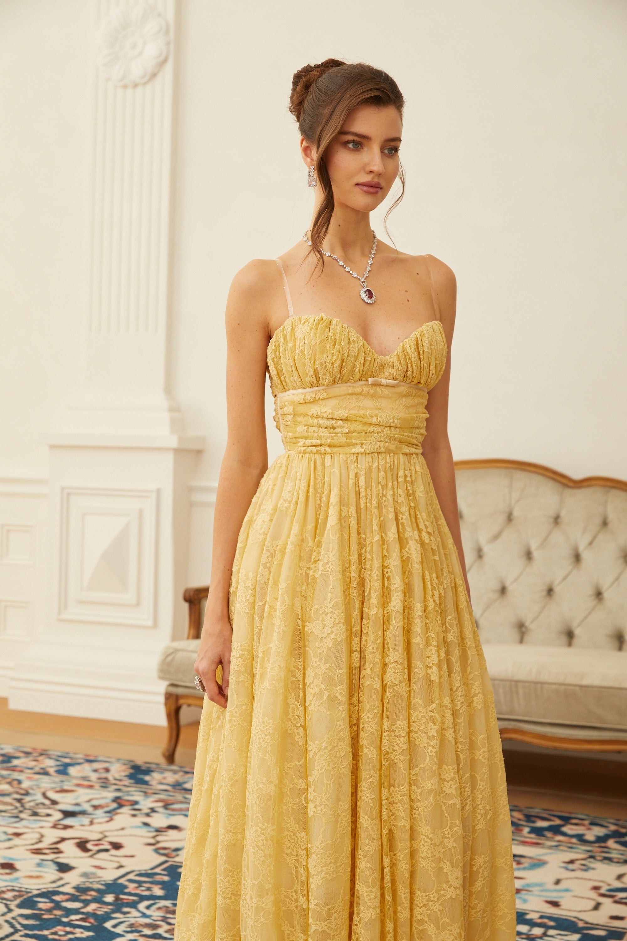 Jade Gold Floral Lace Tulle Midi Dress