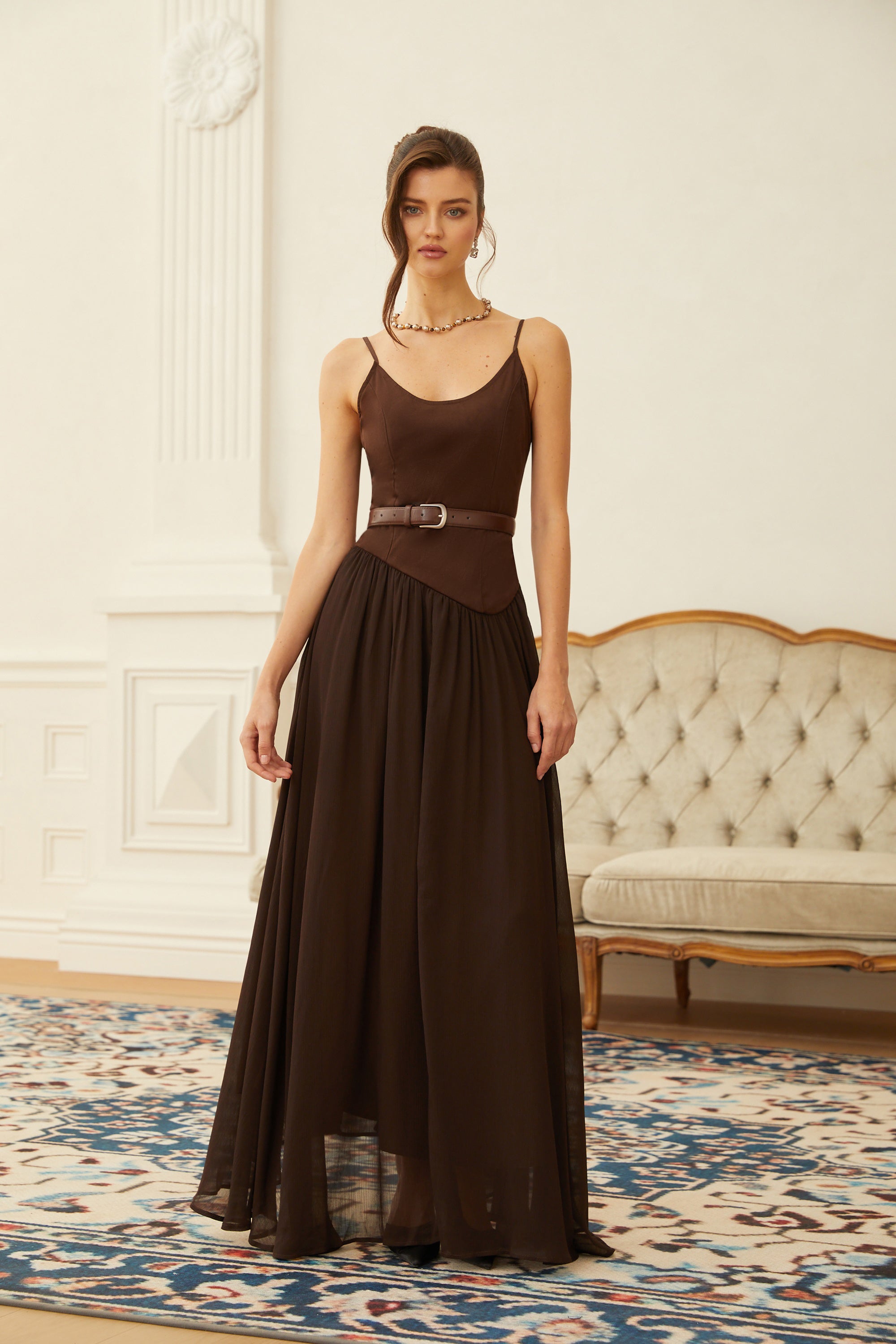 Hedda Brown Chiffon Panel Suede Maxi Dress