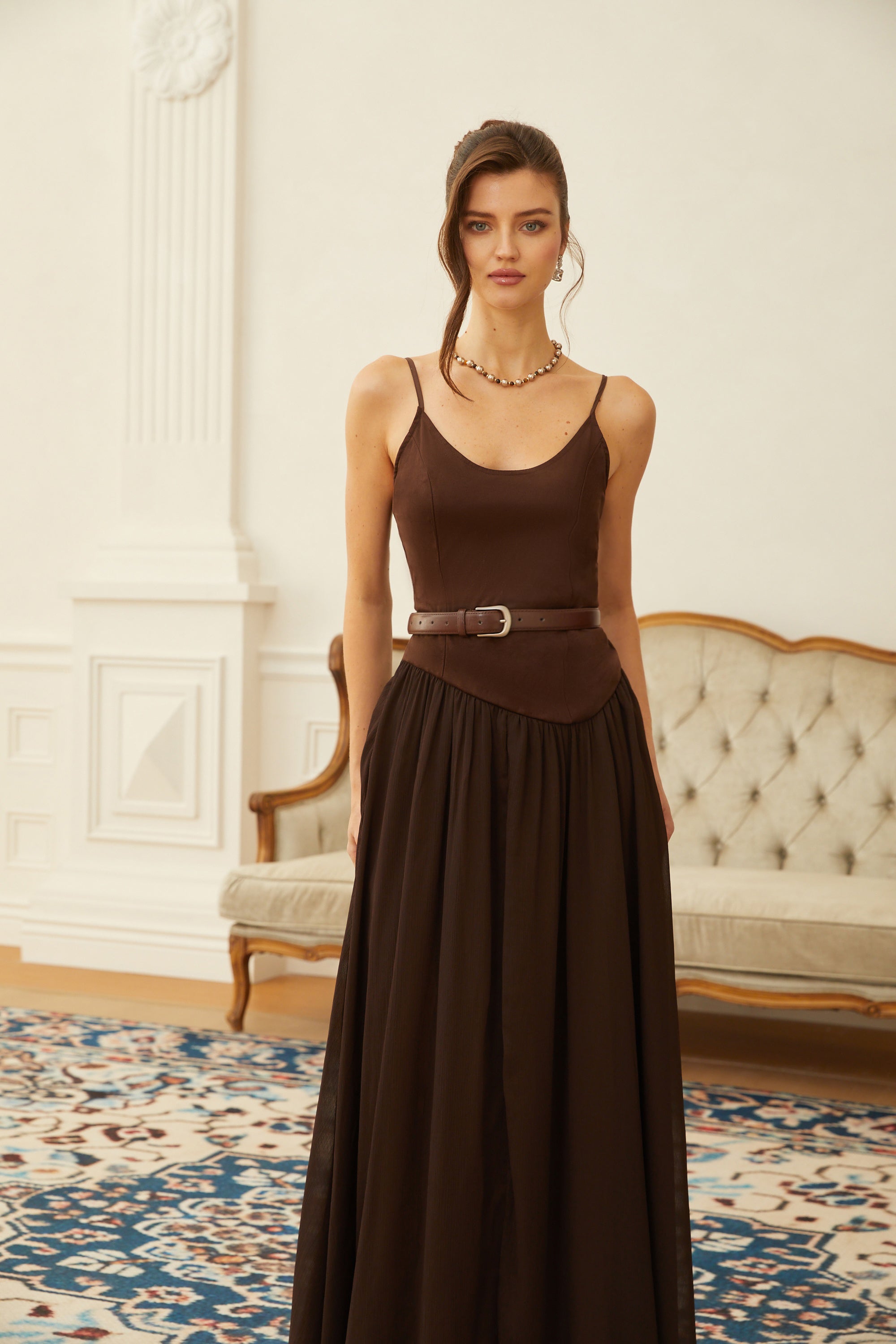 Hedda Brown Chiffon Panel Suede Maxi Dress