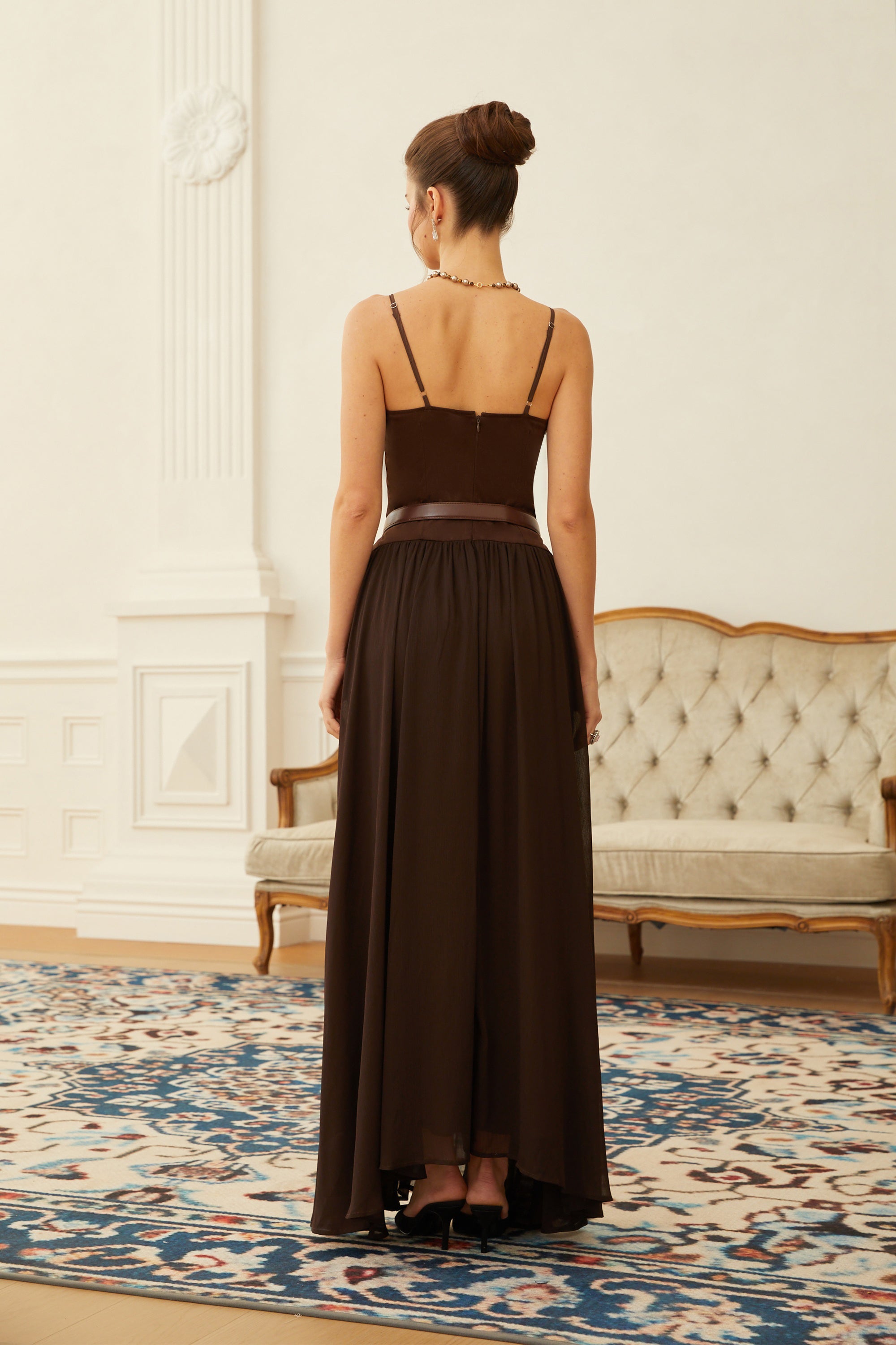 Hedda Brown Chiffon Panel Suede Maxi Dress