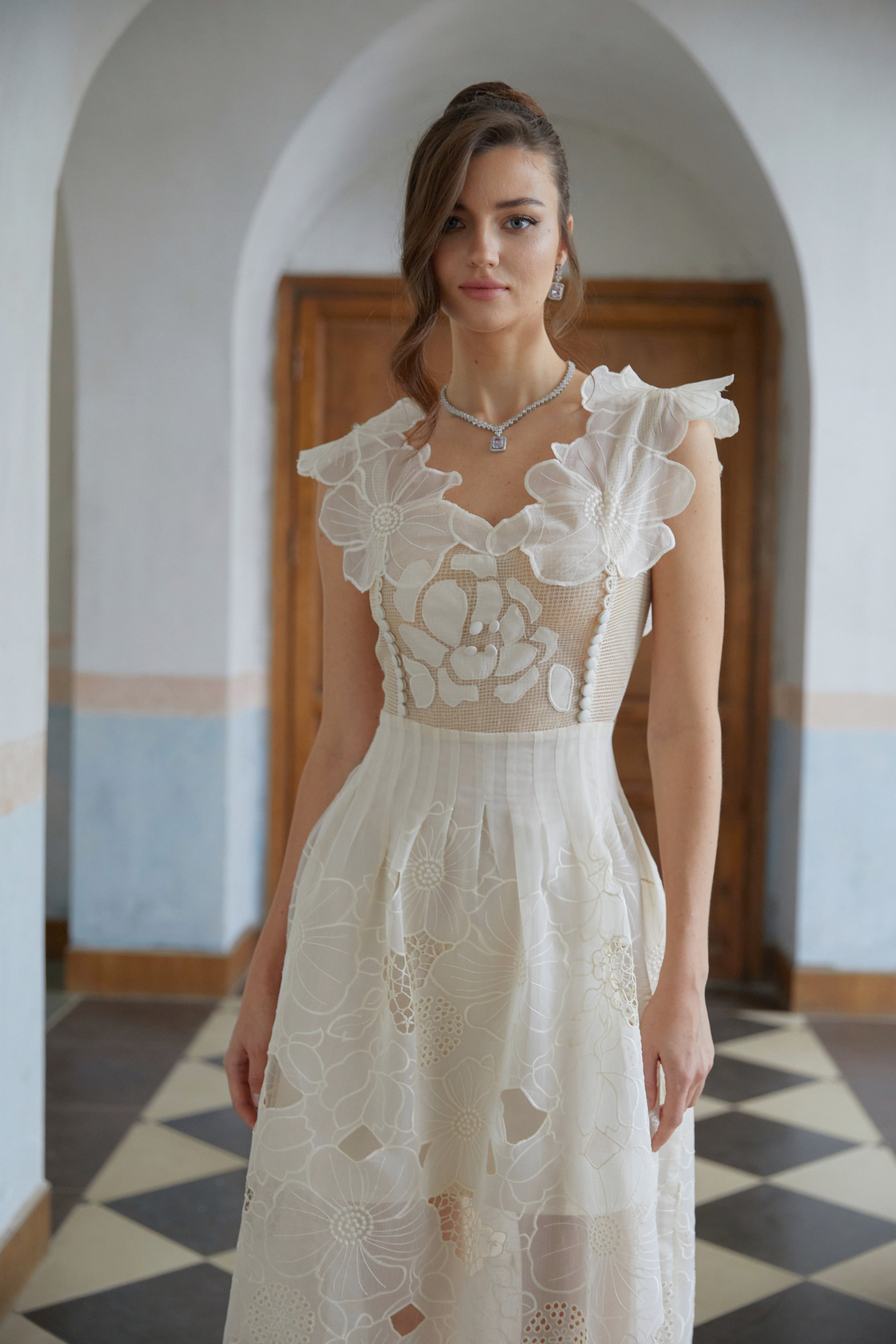 Anaïs neutrals beaded floral-embroidered midi dress