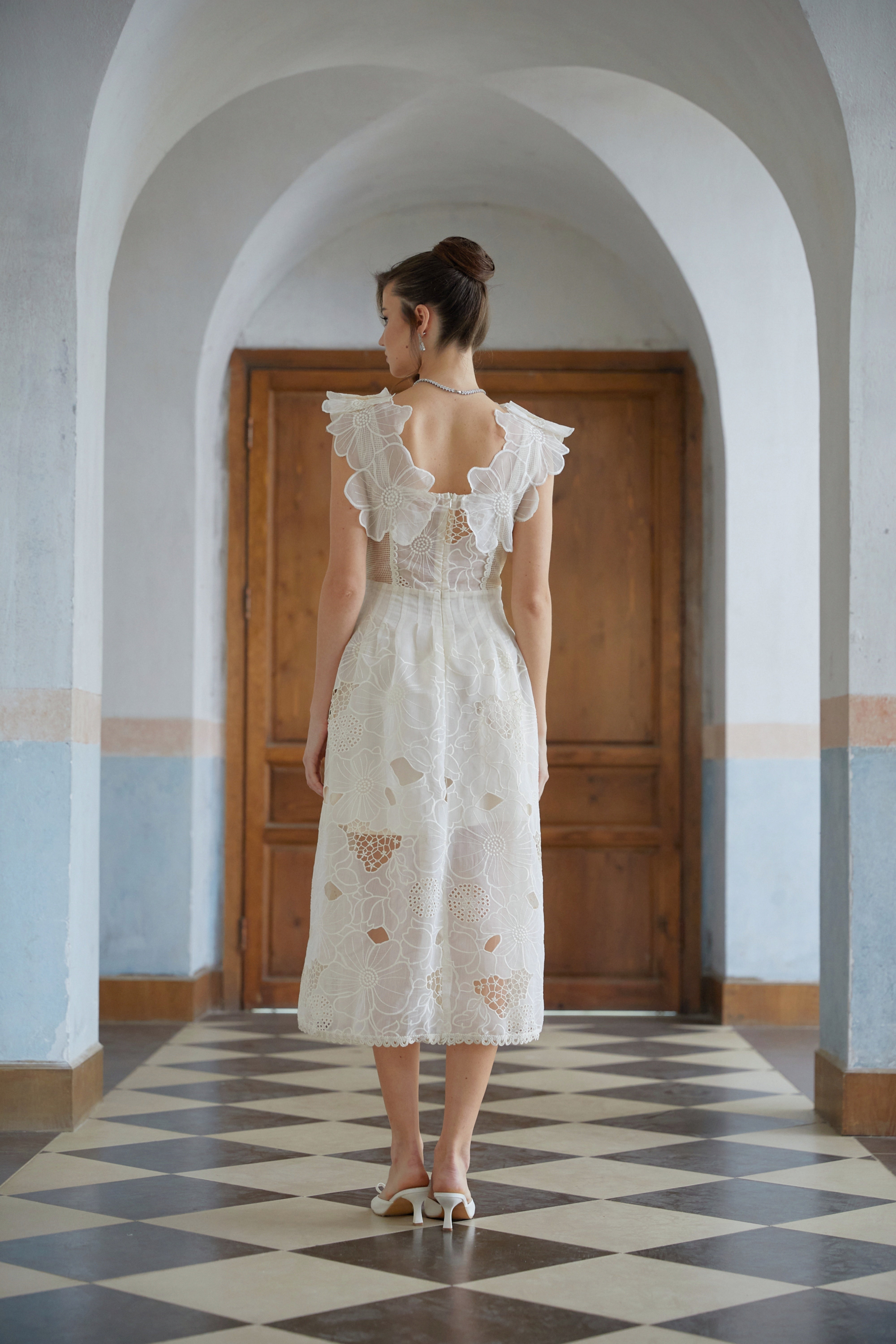 Anaïs neutrals beaded floral-embroidered midi dress