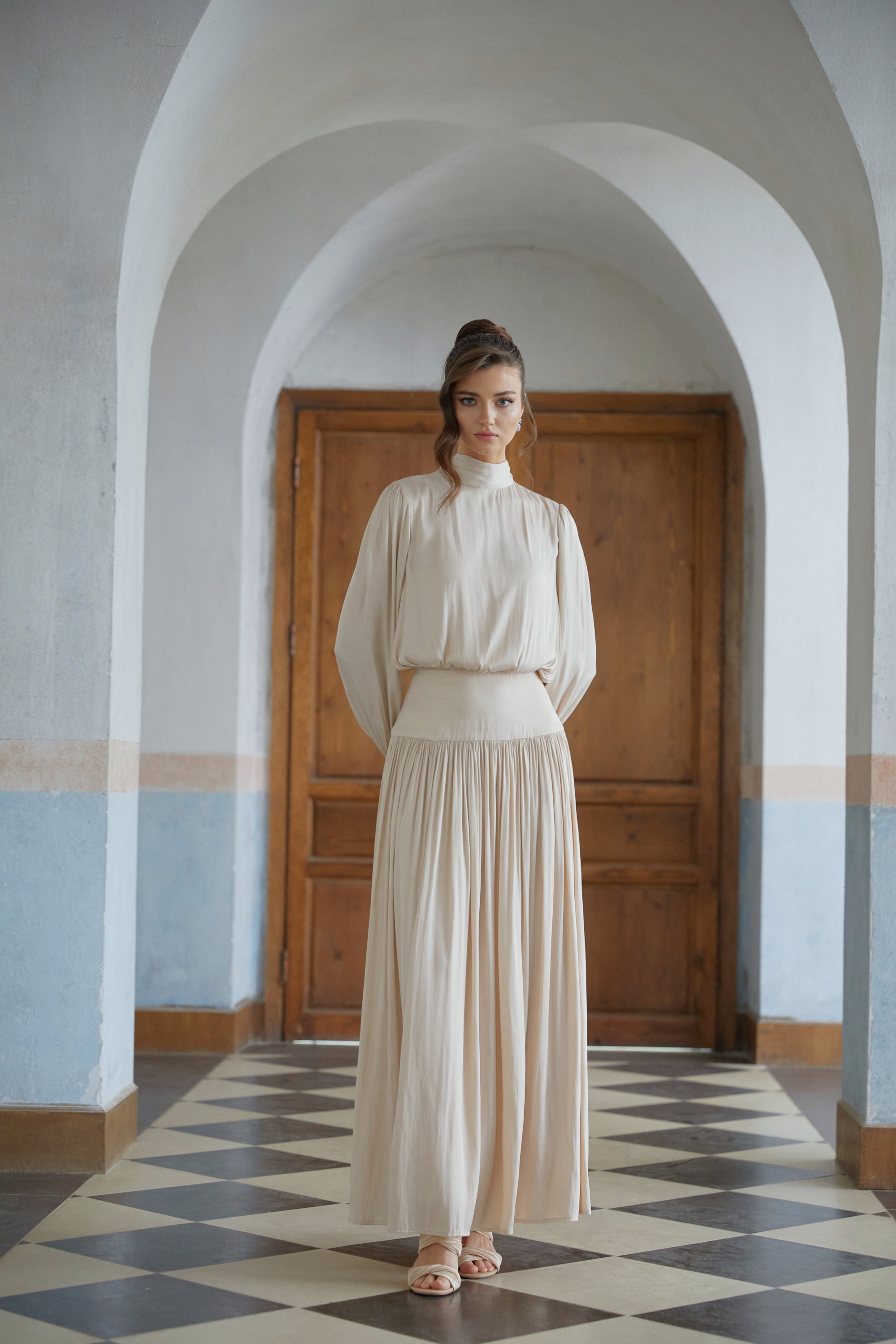 Valérie Neutral Self-Tie Pleated Maxi Dress