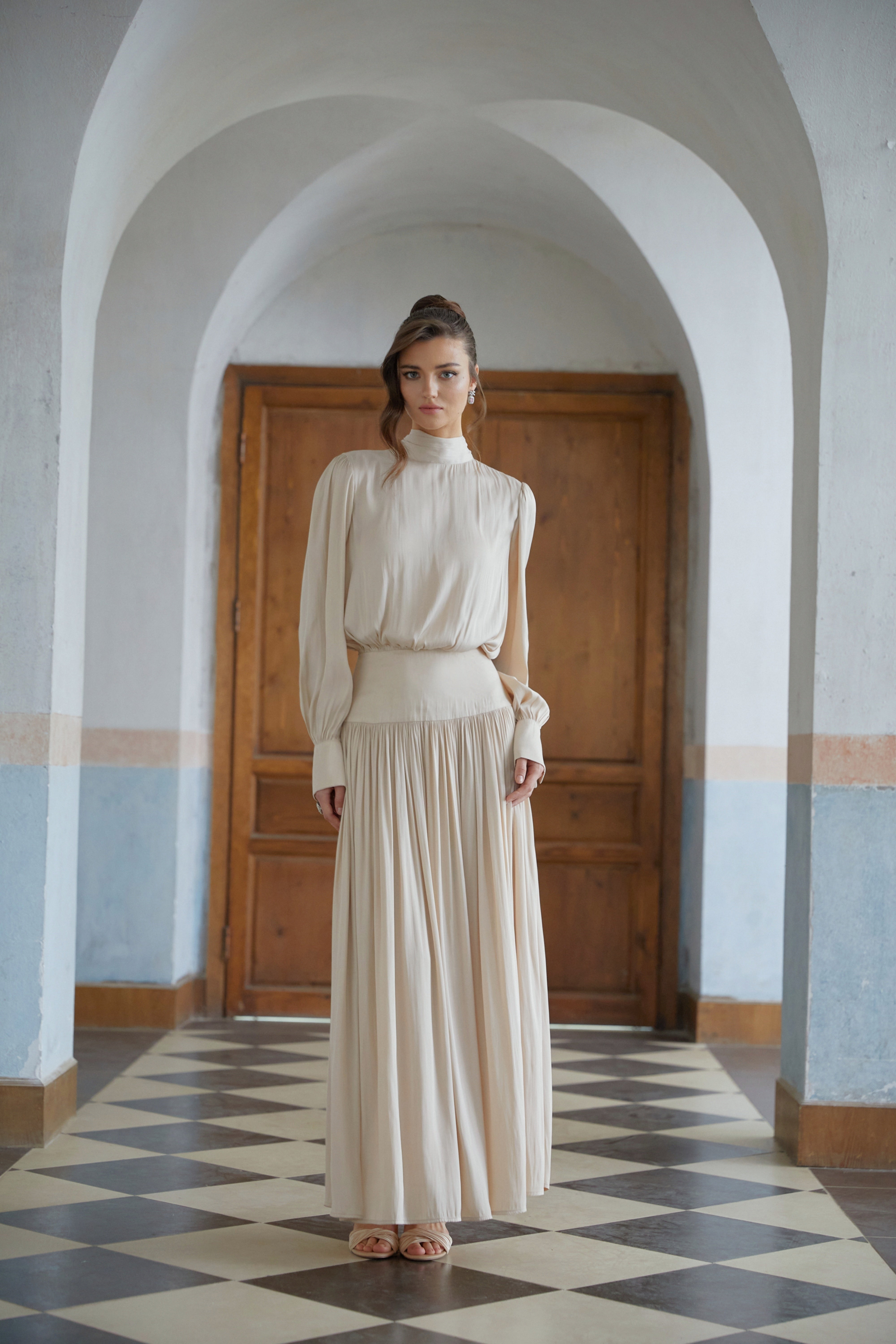 Valérie Neutral Self-Tie Pleated Maxi Dress