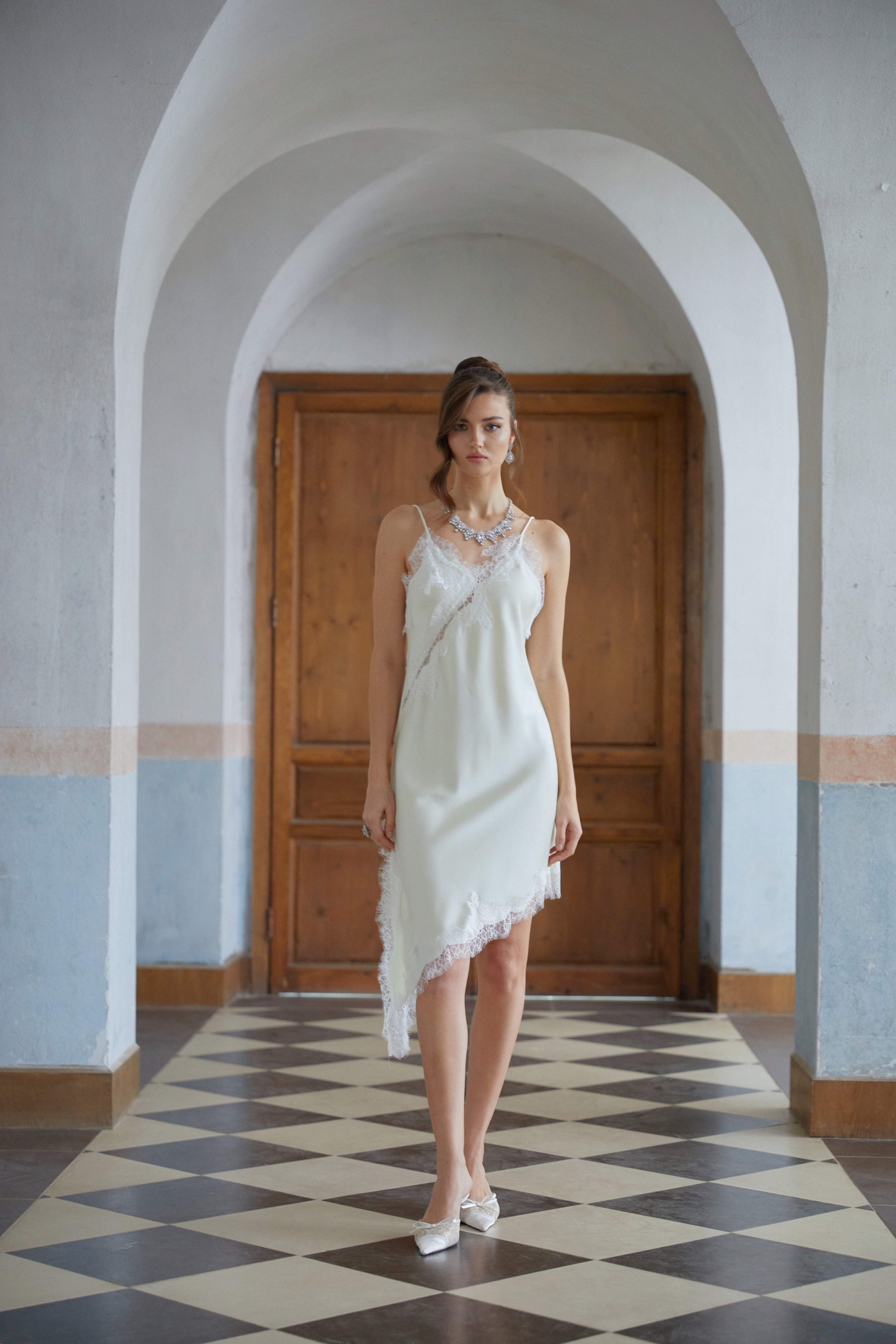 Méabh Neutral Lace Panel Satin Midi Dress