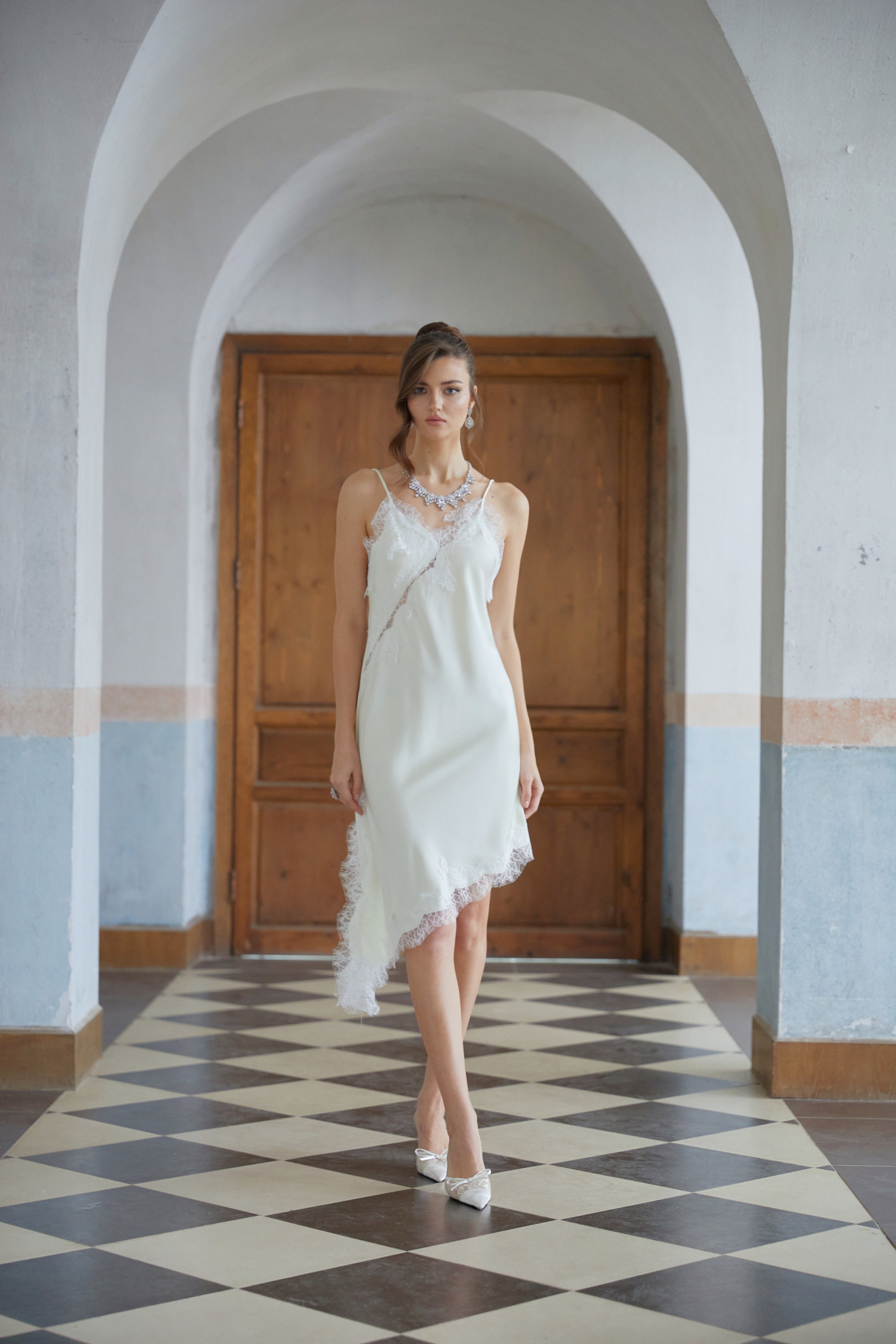 Méabh Neutral Lace Panel Satin Midi Dress