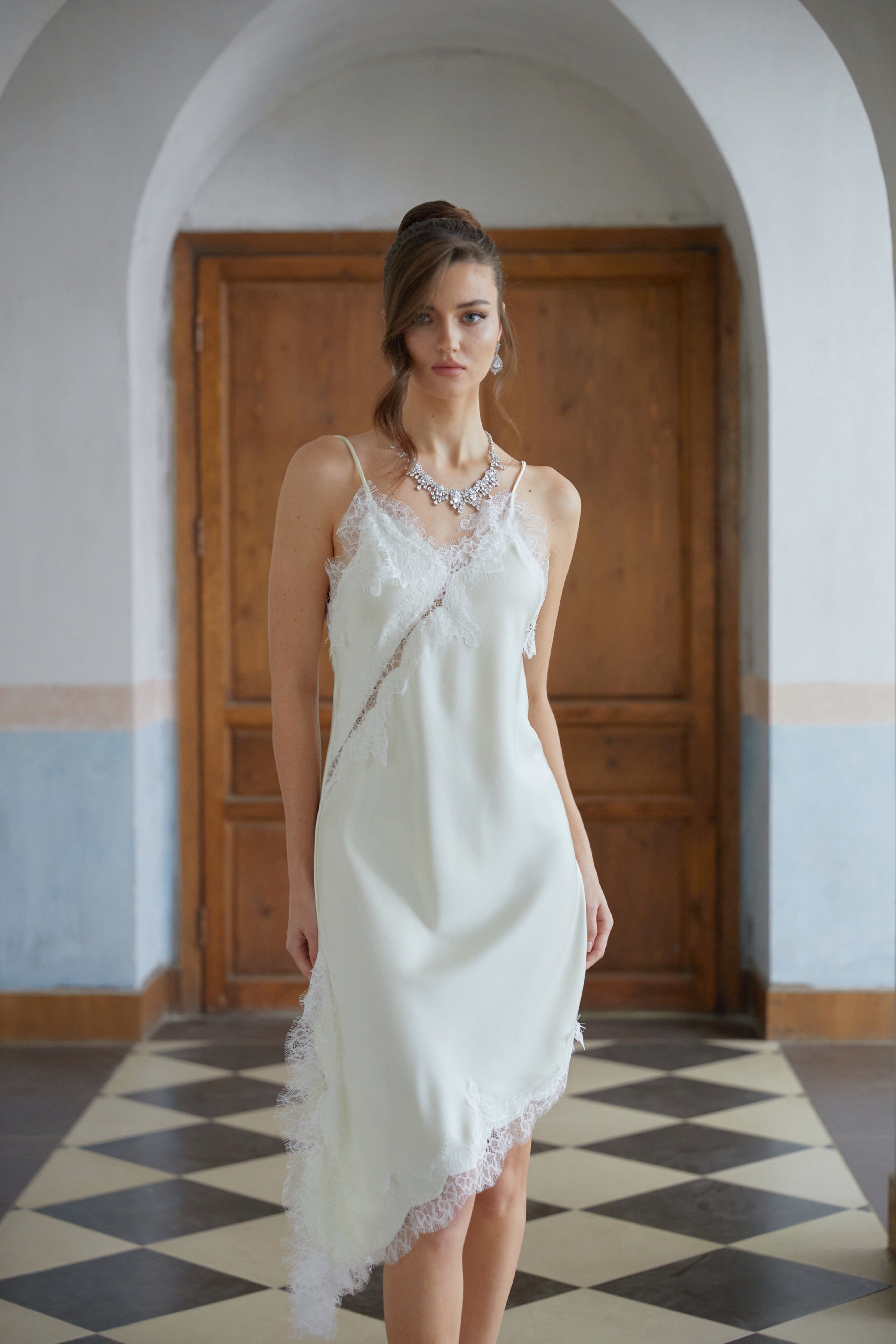 Méabh Neutral Lace Panel Satin Midi Dress